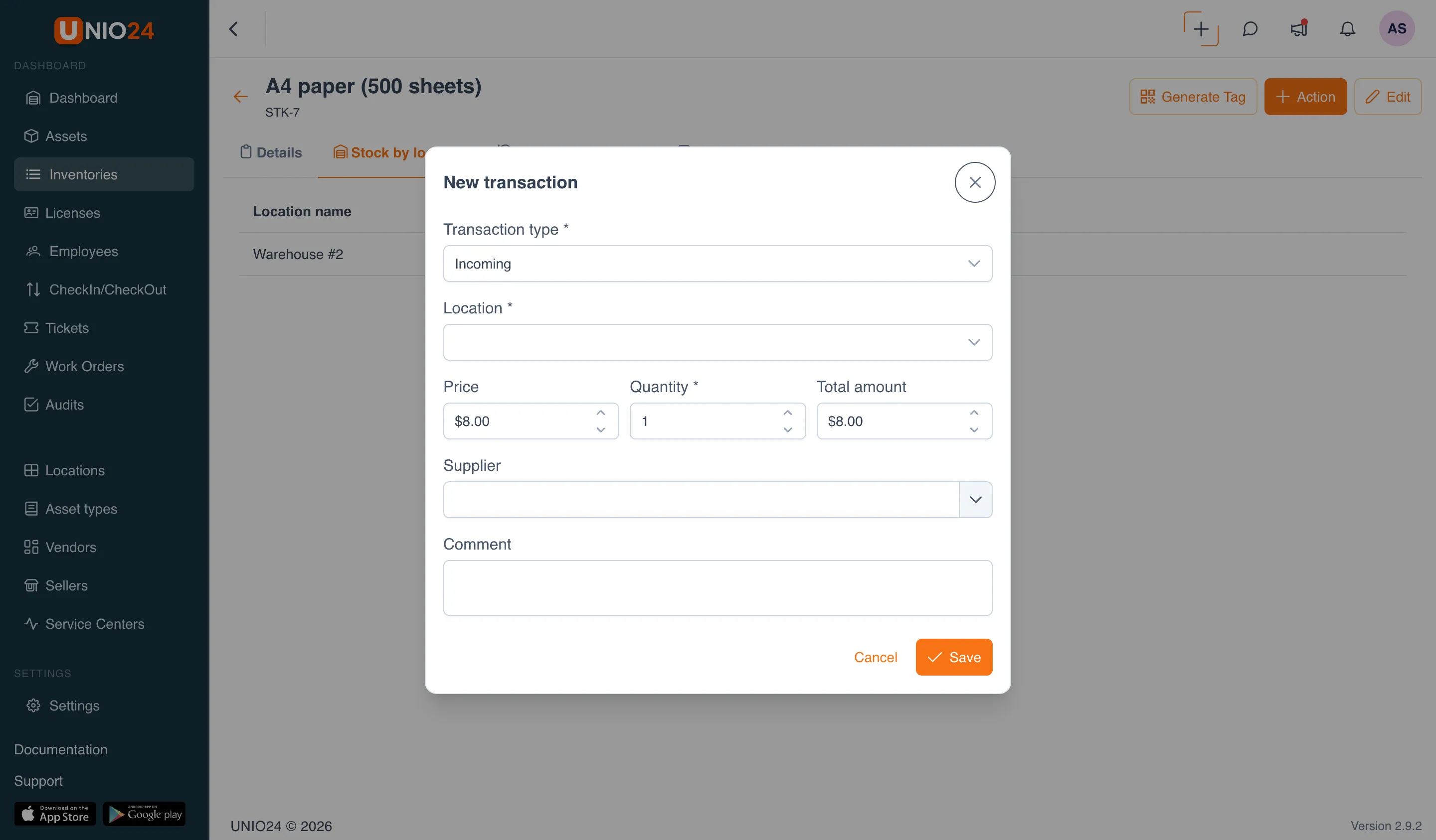 "New transaction" window for the "Incoming" type: a "Transaction type" field, a "Location" field (with the current quantity in parentheses next to the warehouse), and "Quantity" and "Comment" fields