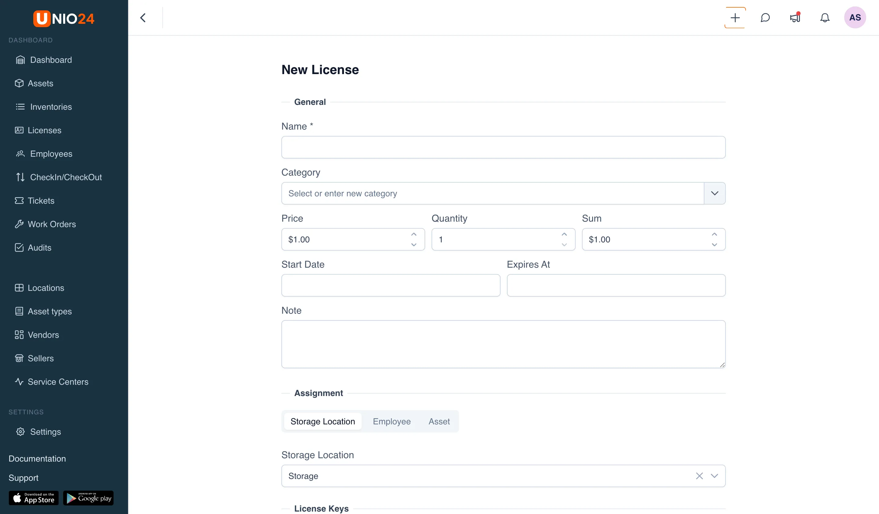 "New License" form: a "General" block with "Name", "Category", the "Price" / "Quantity" / "Sum" set, "Start Date" and "Expires At" fields, and below it the "Assignment" and "License Keys" blocks