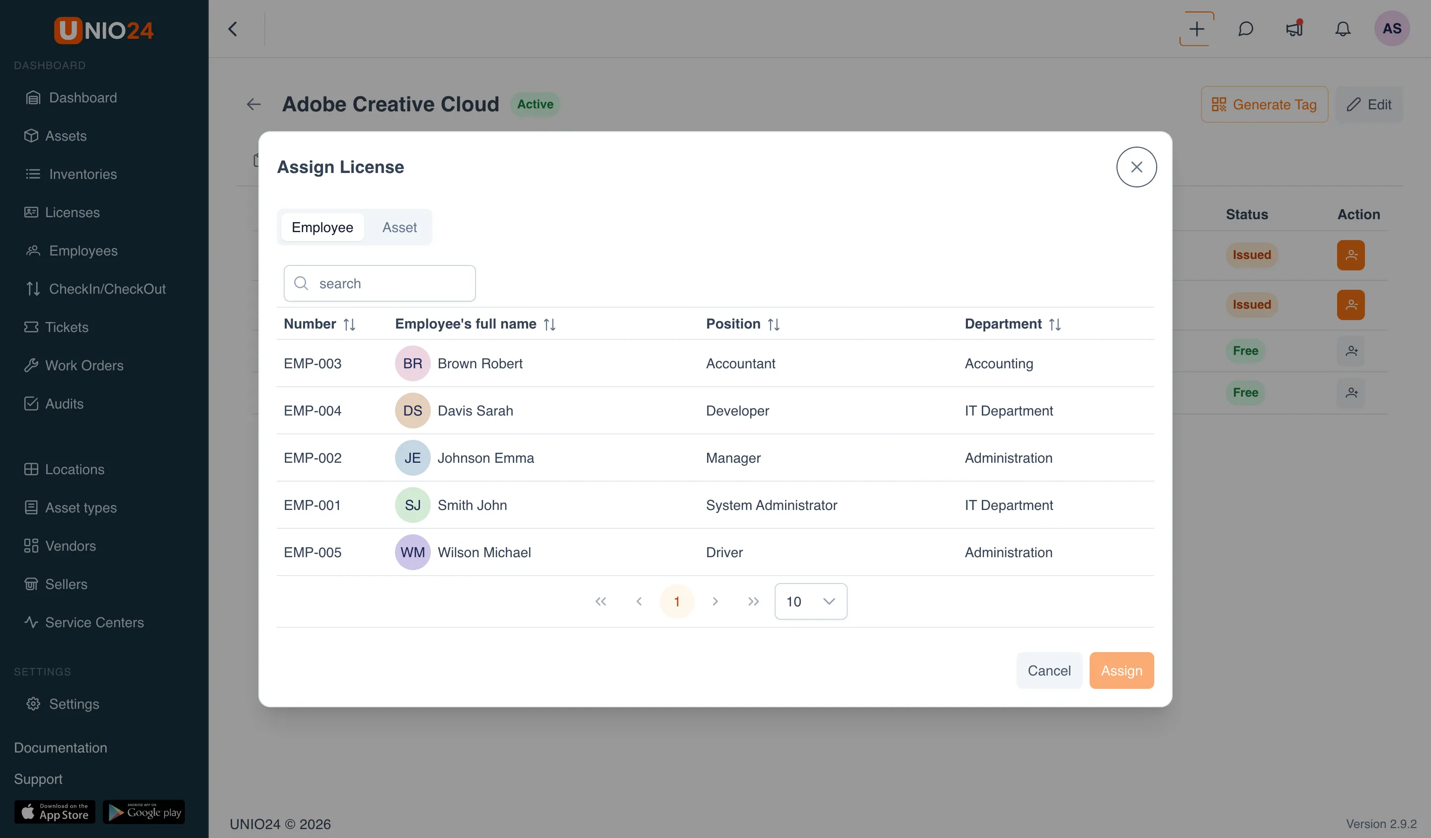 "Assign License" window: an "Employee" / "Asset" recipient toggle, a searchable table of employees, and an "Assign" button