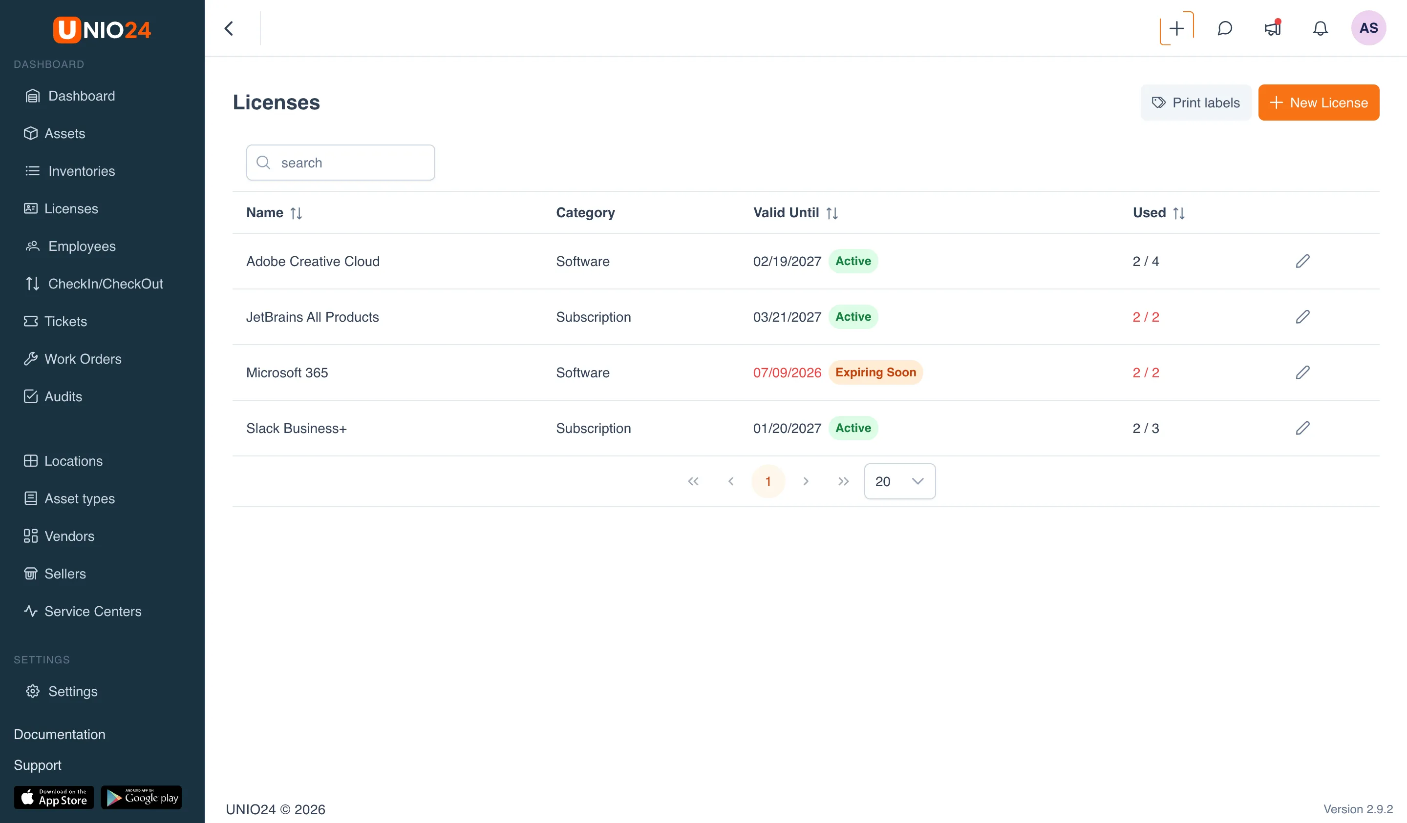 The license list with the "Name", "Category", "Valid Until", and "Used" columns: the "Active" and "Expiring Soon" status badges and the usage counters (for example, 2 / 4, 2 / 2) are visible.