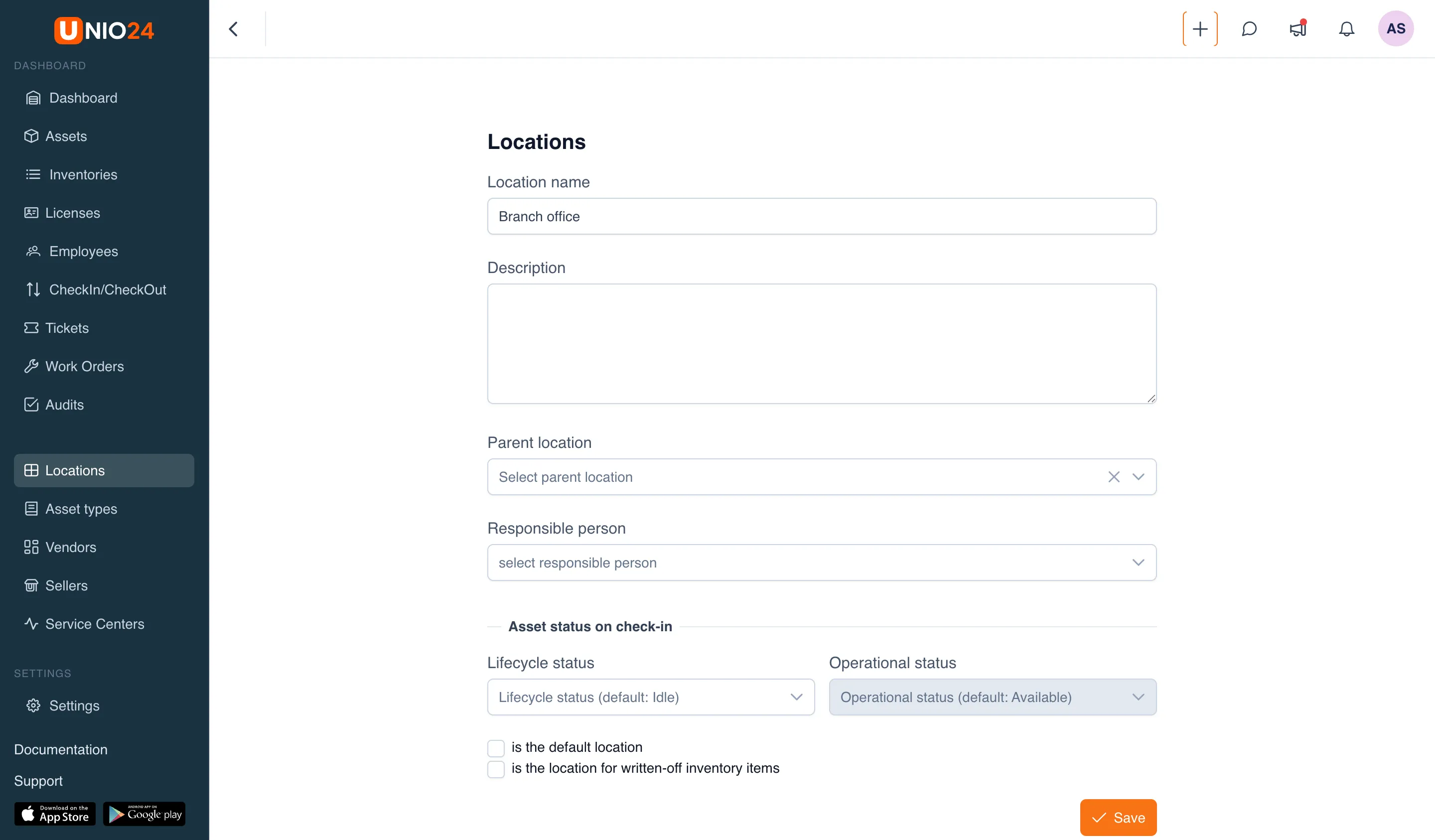 The location creation form with the "Location name", "Responsible person" fields, the "Asset status on check-in" block, and the "is the default location" and "is the location for written-off inventory items" checkboxes (the latter checked).