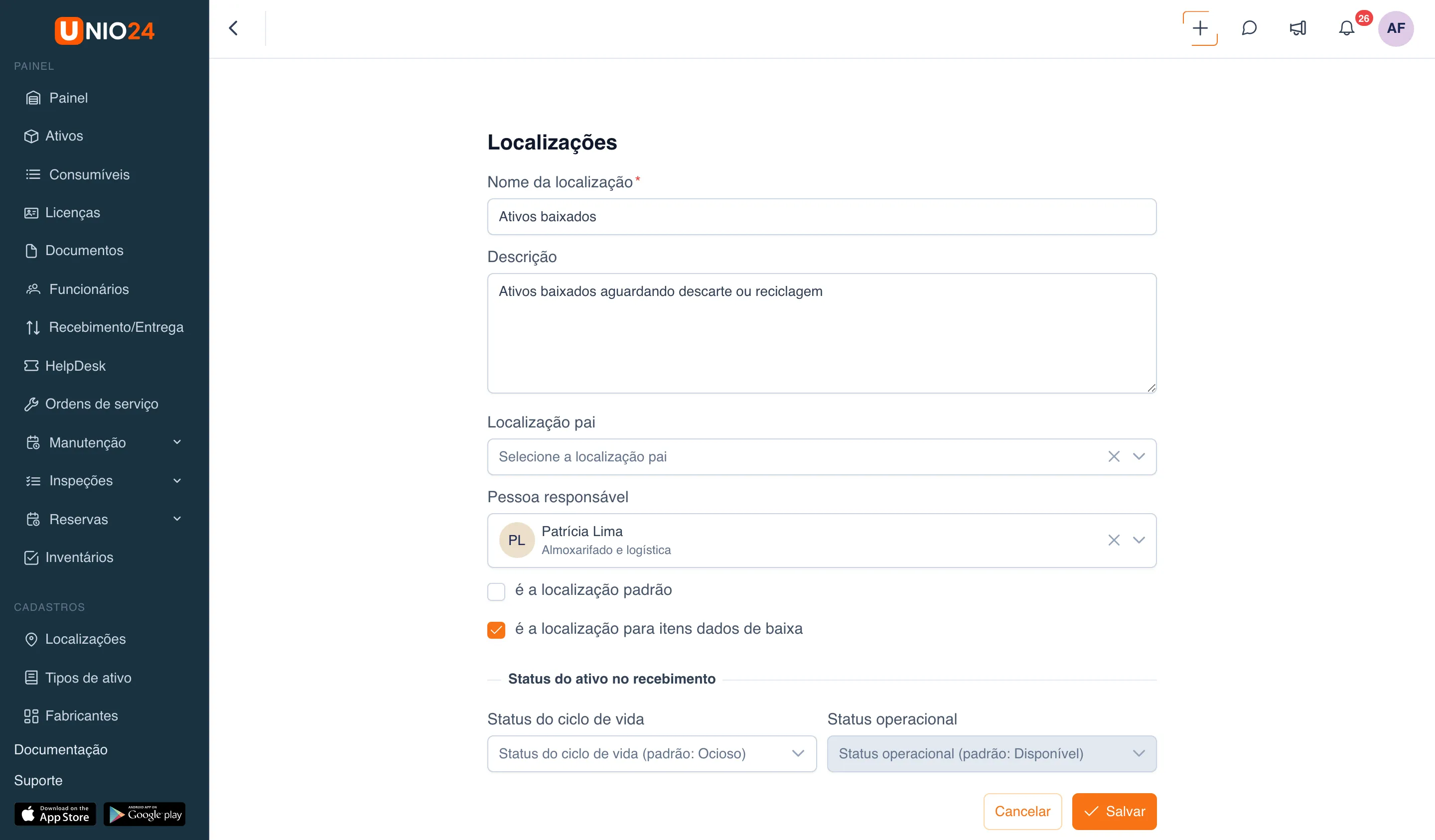 Formulário de criação da localização “Ativos baixados” com os campos “Nome da localização”, “Descrição”, “Localização pai” e “Pessoa responsável” (Patrícia Lima), as caixas “é a localização padrão” e “é a localização para itens dados de baixa” (marcada) e o bloco “Status do ativo no recebimento”