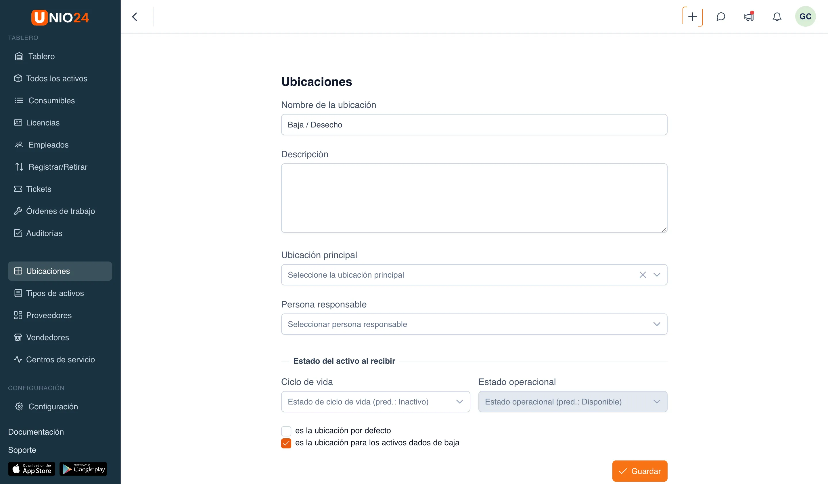Formulario de creación de ubicación con los campos «Nombre de la ubicación», «Persona responsable», el bloque «Estado del activo al recibir» y las casillas «es la ubicación por defecto» y «es la ubicación para los activos dados de baja» (activada)