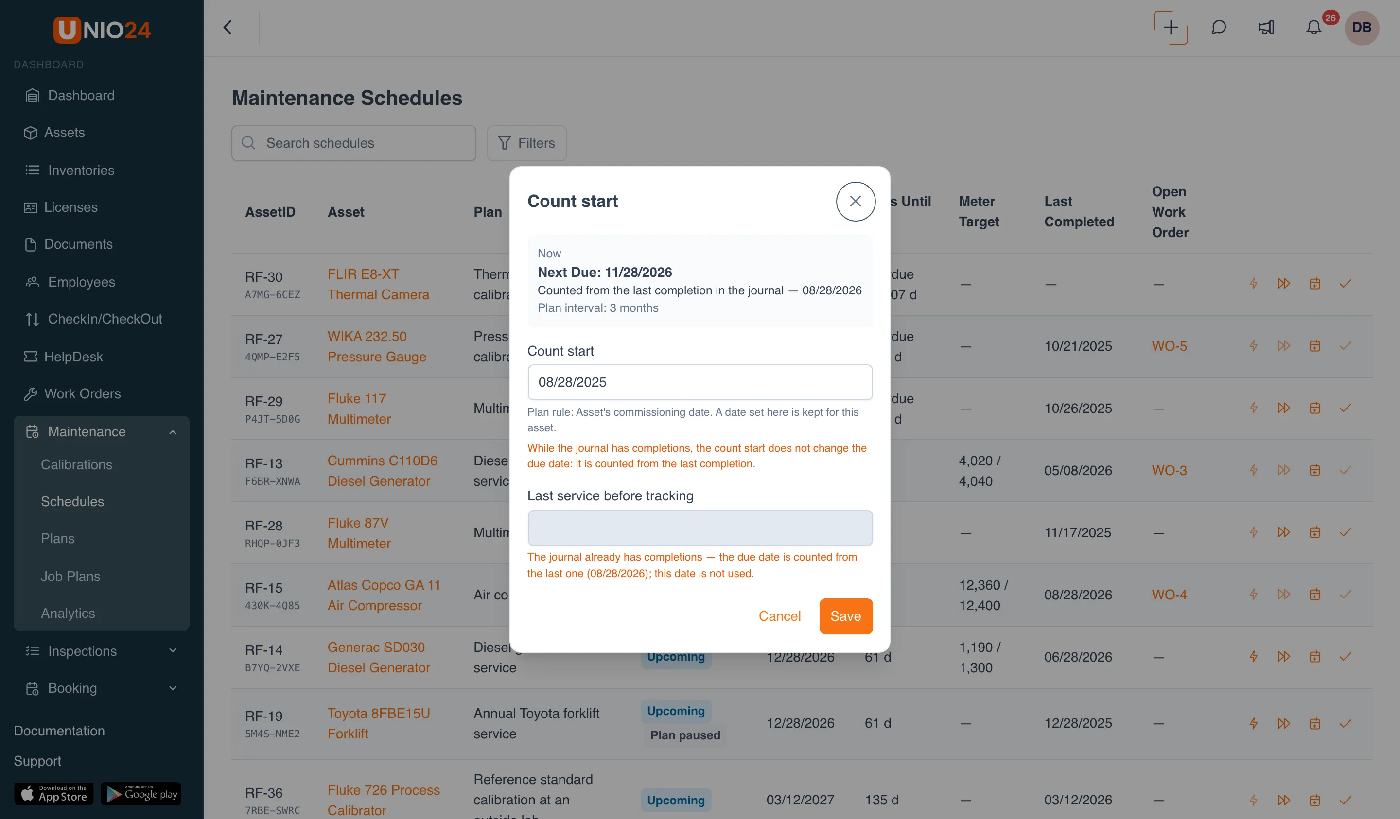 Count start window: the Now block with the next due date and the line “Counted from the last completion in the journal”, the Count start field with a hint about the plan’s rule, the Last service before tracking field, and the Cancel and Save buttons