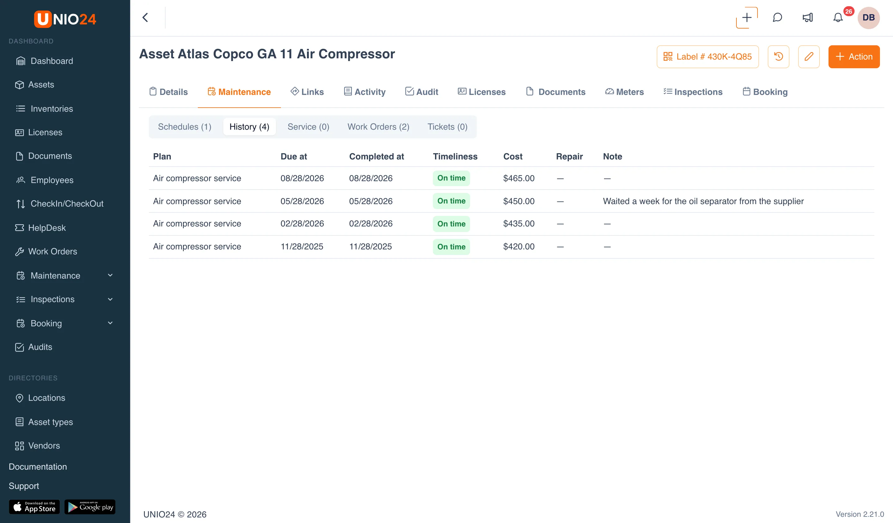 Asset card “Atlas Copco GA 11 Air Compressor”, Maintenance tab, History section: a table with the Plan, Due at, Completed at, Timeliness, Cost, Repair, and Note columns and On time labels