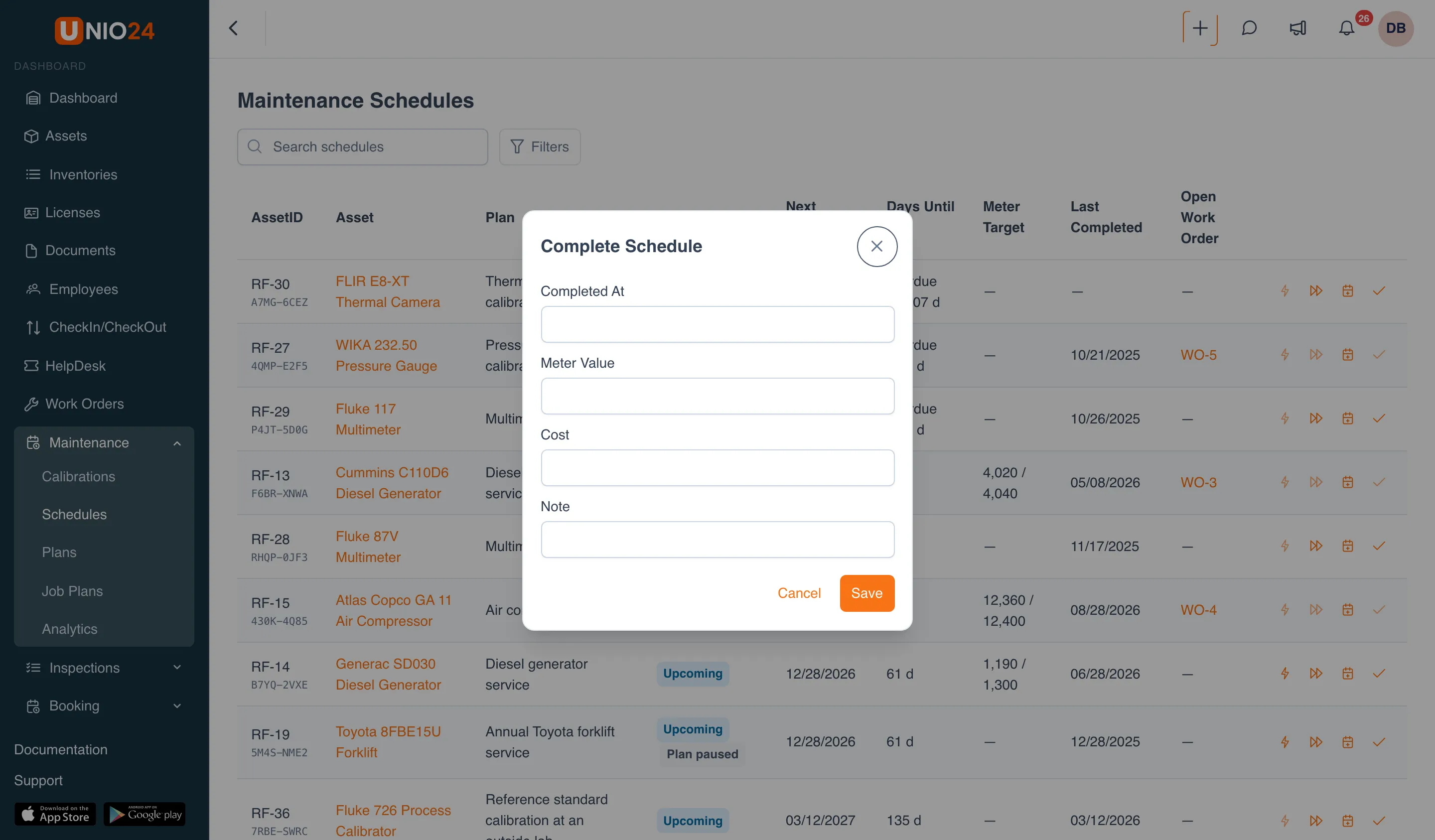 Complete Schedule window over the list of schedules: the Completed At, Meter Value, Cost, and Note fields and the Cancel and Save buttons