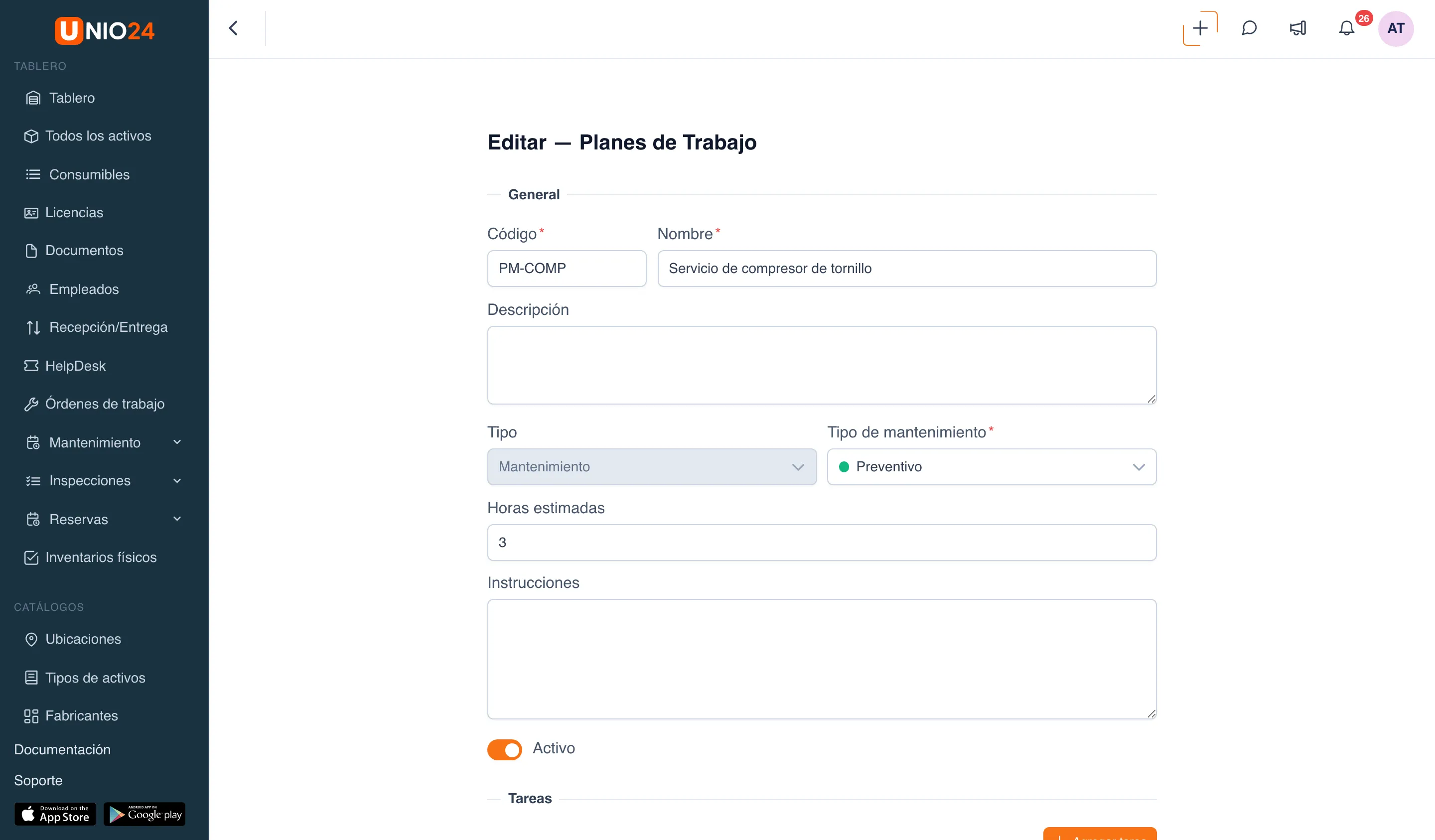 Formulario «Editar — Planes de Trabajo» del plan «Servicio de compresor de tornillo»: bloque «General» con los campos «Código», «Nombre», «Descripción», «Tipo», «Tipo de mantenimiento», «Horas estimadas», «Instrucciones» y el interruptor «Activo»