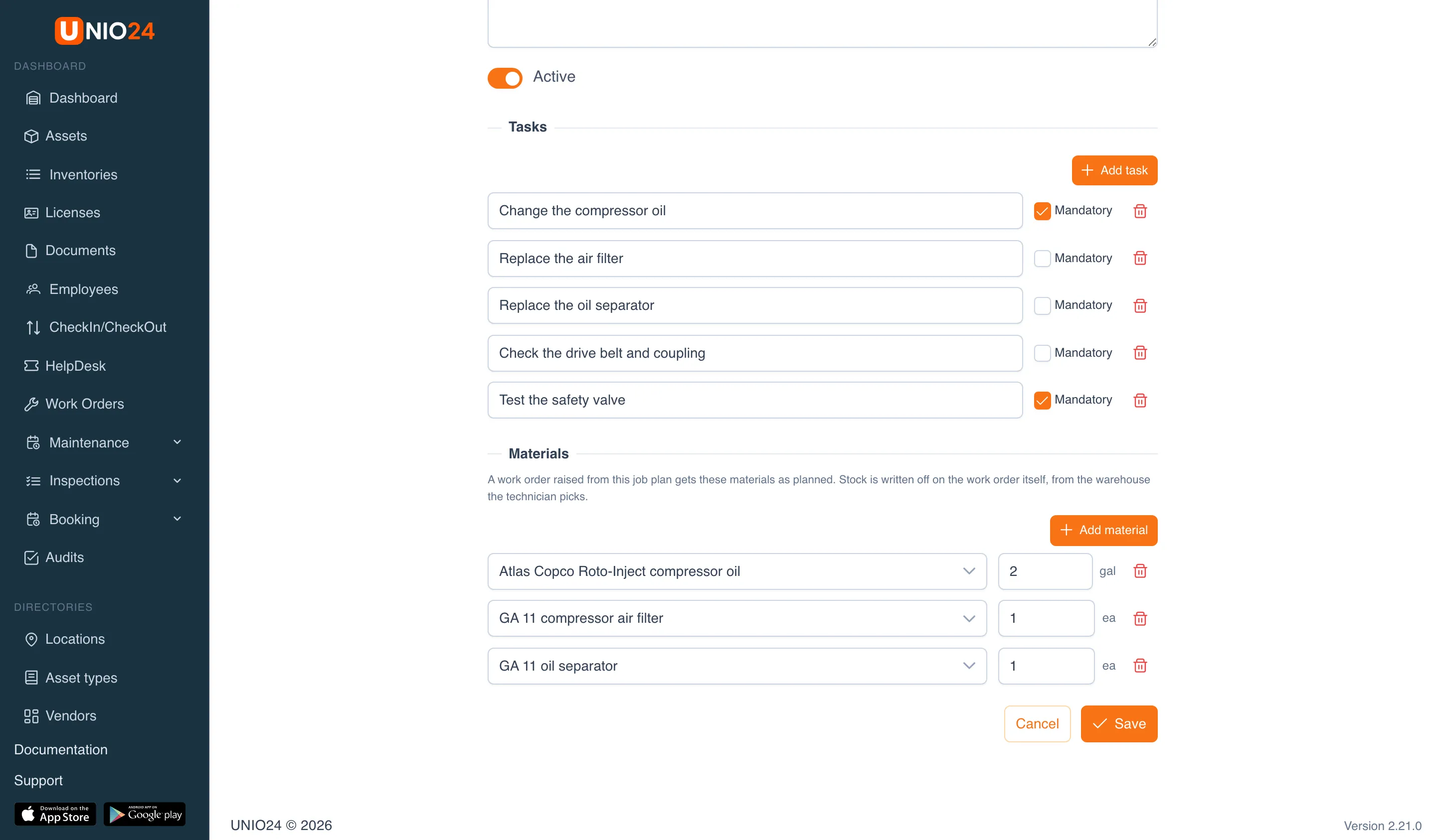 Tasks and Materials blocks of a job plan: five tasks, two of them marked Mandatory, the Add task button; three stock materials with quantity and unit, and the Add material button