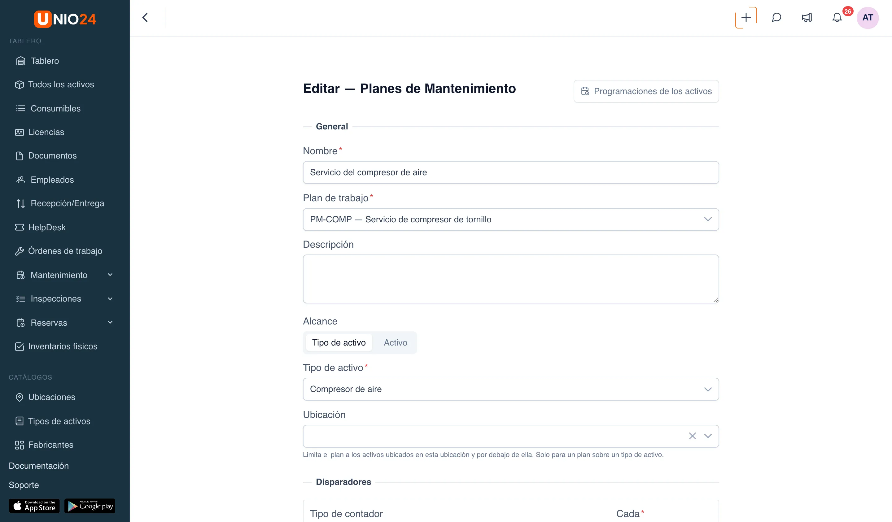 Formulario «Editar — Planes de Mantenimiento» del plan «Servicio del compresor de aire»: bloque «General» con los campos «Nombre», «Plan de trabajo», «Descripción», el selector «Alcance» («Tipo de activo» | «Activo»), los campos «Tipo de activo» y «Ubicación» y el botón «Programaciones de los activos» arriba a la derecha