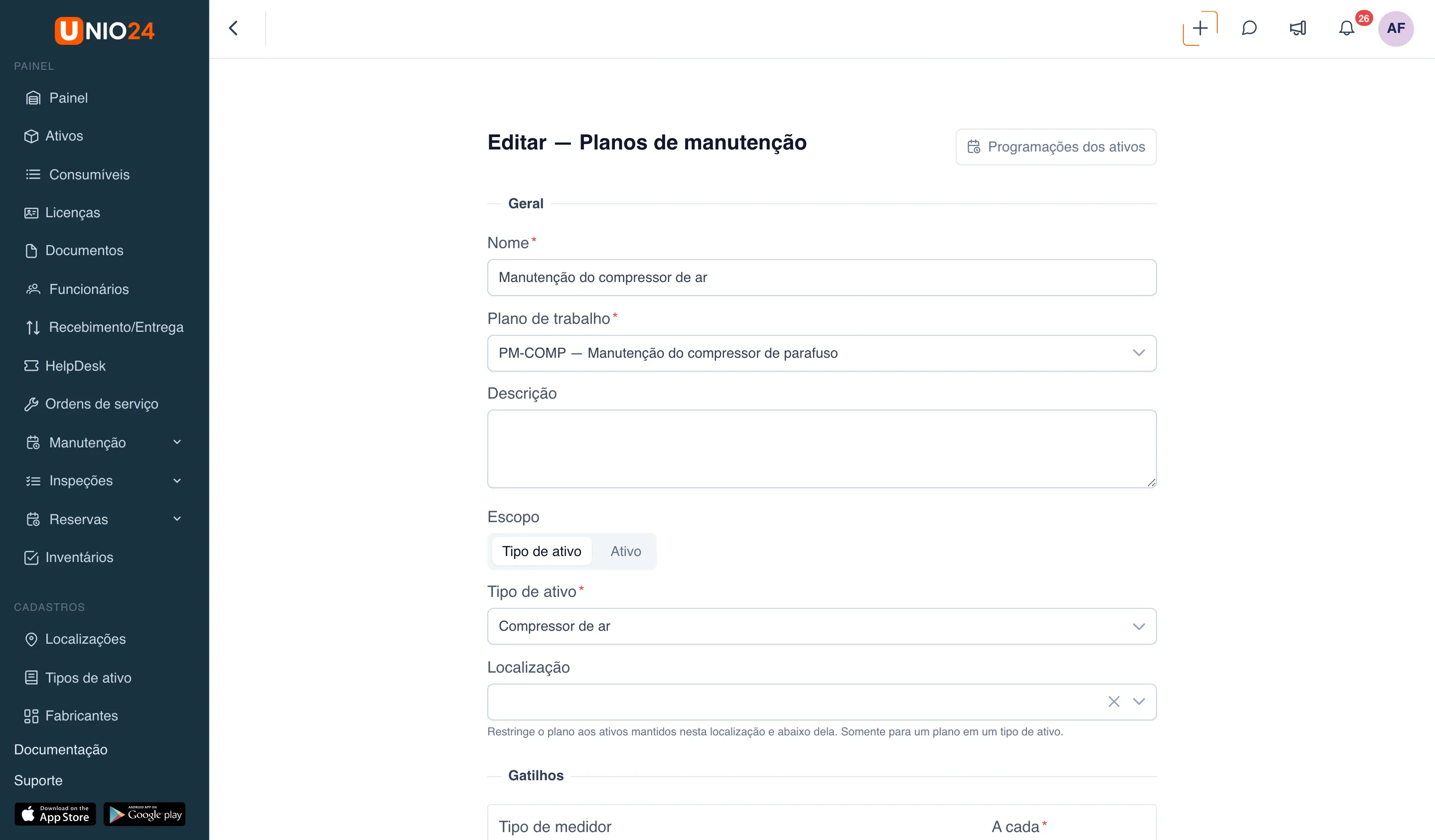 Formulário do plano de manutenção “Manutenção do compressor de ar”: bloco “Geral” com os campos “Nome”, “Plano de trabalho”, “Descrição”, o seletor “Escopo” (“Tipo de ativo” | “Ativo”), os campos “Tipo de ativo” e “Localização” e o botão “Programações dos ativos” no canto superior direito