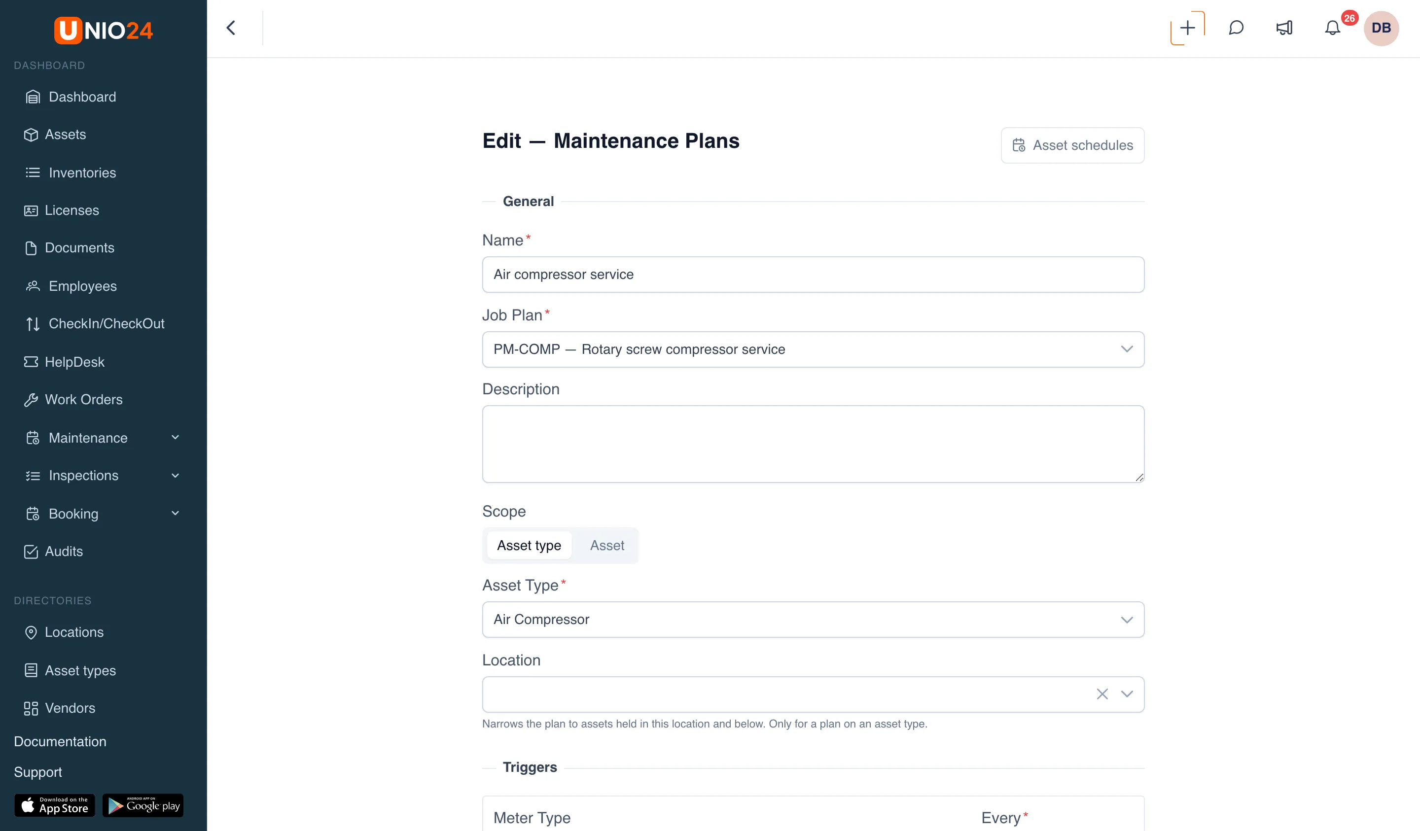 Maintenance plan “Air compressor service”: the General block with the Name, Job Plan, and Description fields, the Scope switch (Asset type | Asset), the Asset Type and Location fields, and the Asset schedules button in the top right