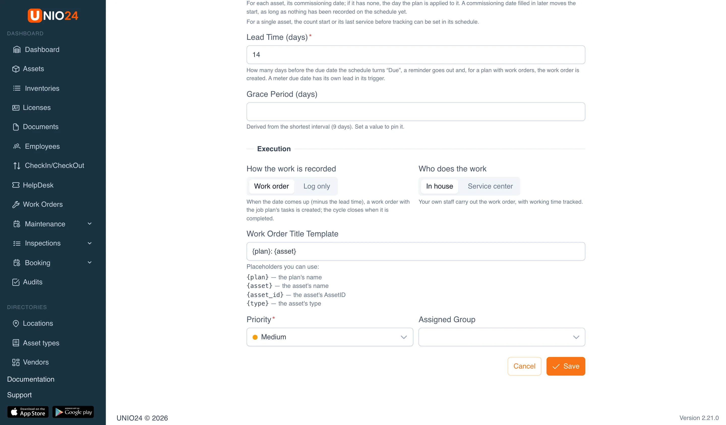 Execution block of a plan: Lead Time (days) and Grace Period (days) with hints, the How the work is recorded (Work order | Log only) and Who does the work (In house | Service center) switches, the Work Order Title Template field with the list of placeholders, the Priority and Assigned Group fields, and the Cancel and Save buttons