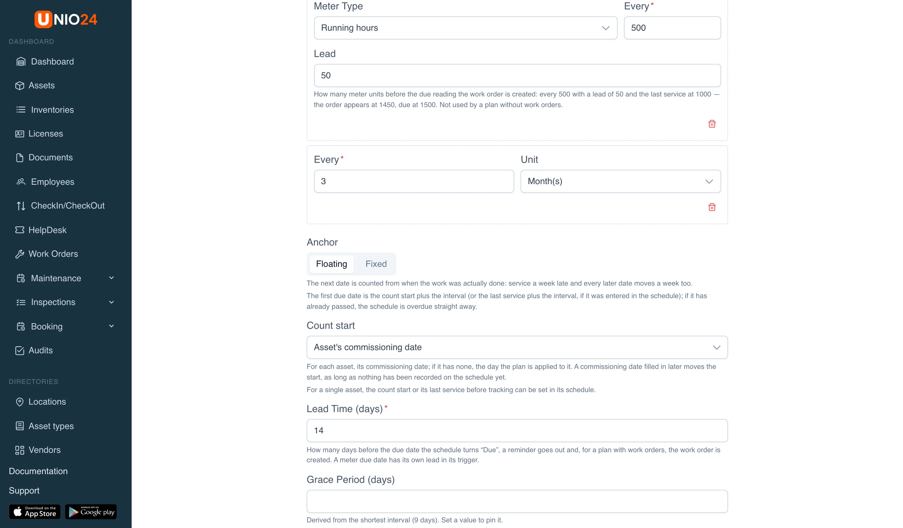 Triggers block of a plan: a Running hours meter trigger with Every 500 and Lead 50 and an explanatory example, a time trigger Every 3 Month(s), and below them the Anchor (Floating | Fixed) and Count start fields