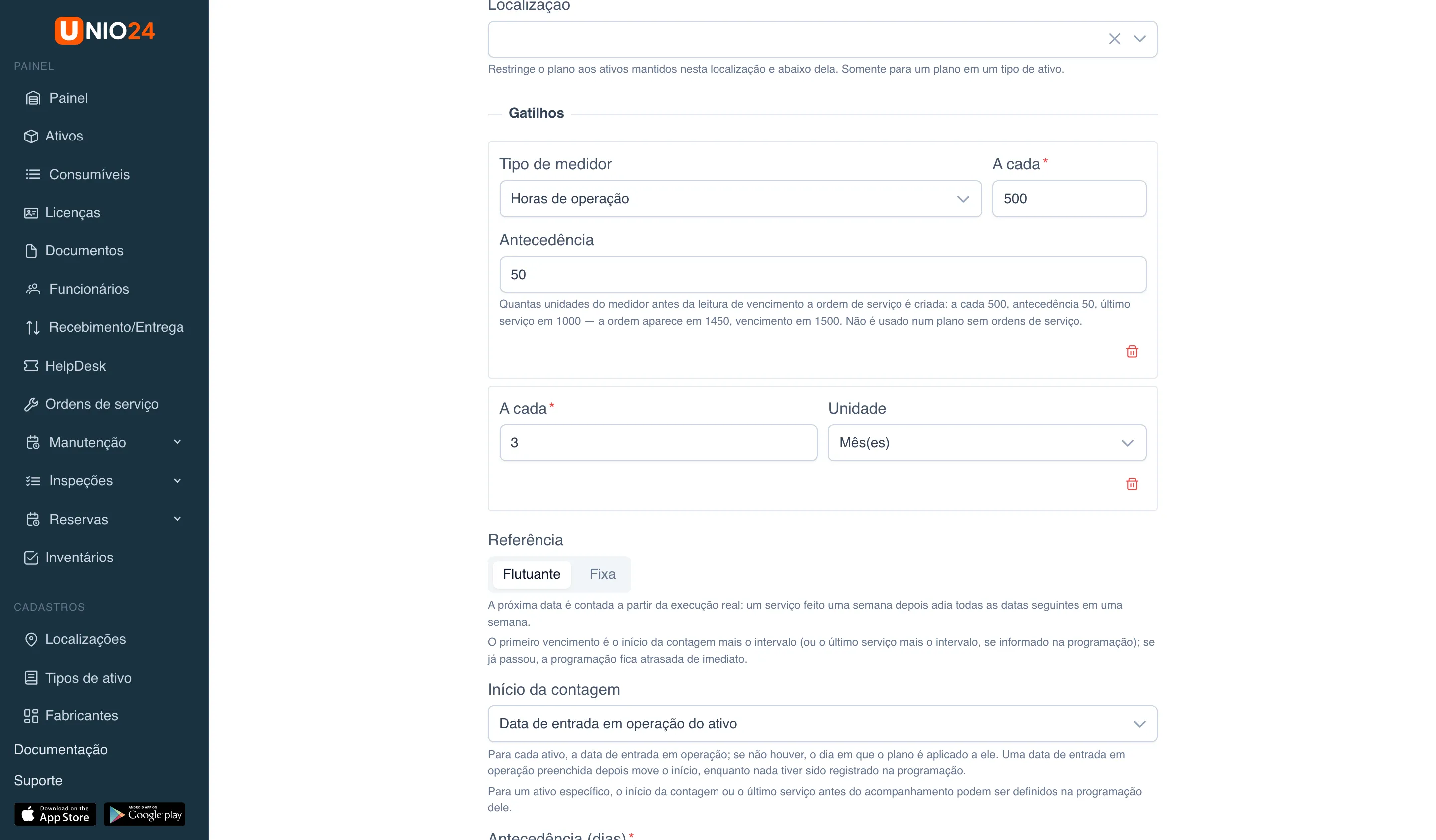 Bloco “Gatilhos” do plano: gatilho por medidor “Horas de operação”, “A cada 500”, “Antecedência 50” com o exemplo explicativo, gatilho por tempo “A cada 3 Mês(es)”; abaixo, “Referência” (“Flutuante” | “Fixa”) e “Início da contagem”