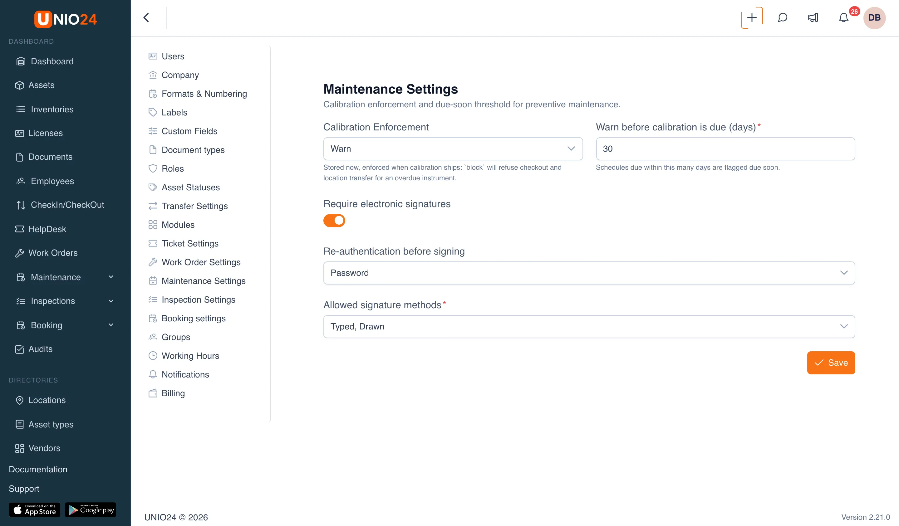 Maintenance Settings page: the Calibration Enforcement and Warn before calibration is due (days) fields, the Require electronic signatures switch, the Re-authentication before signing and Allowed signature methods fields, and the Save button