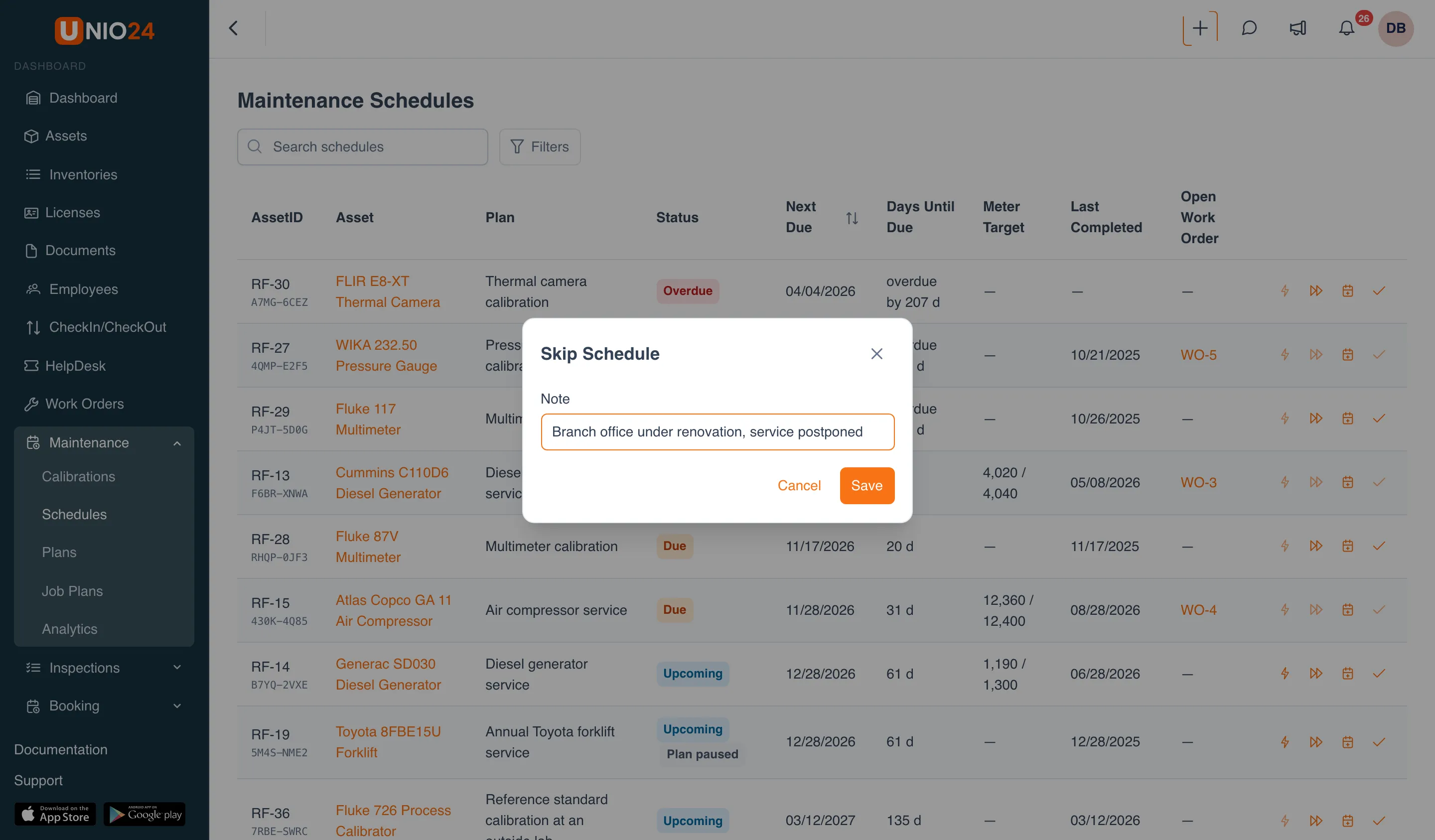 Skip Schedule window with the Note field filled in and the Cancel and Save buttons over the list of schedules