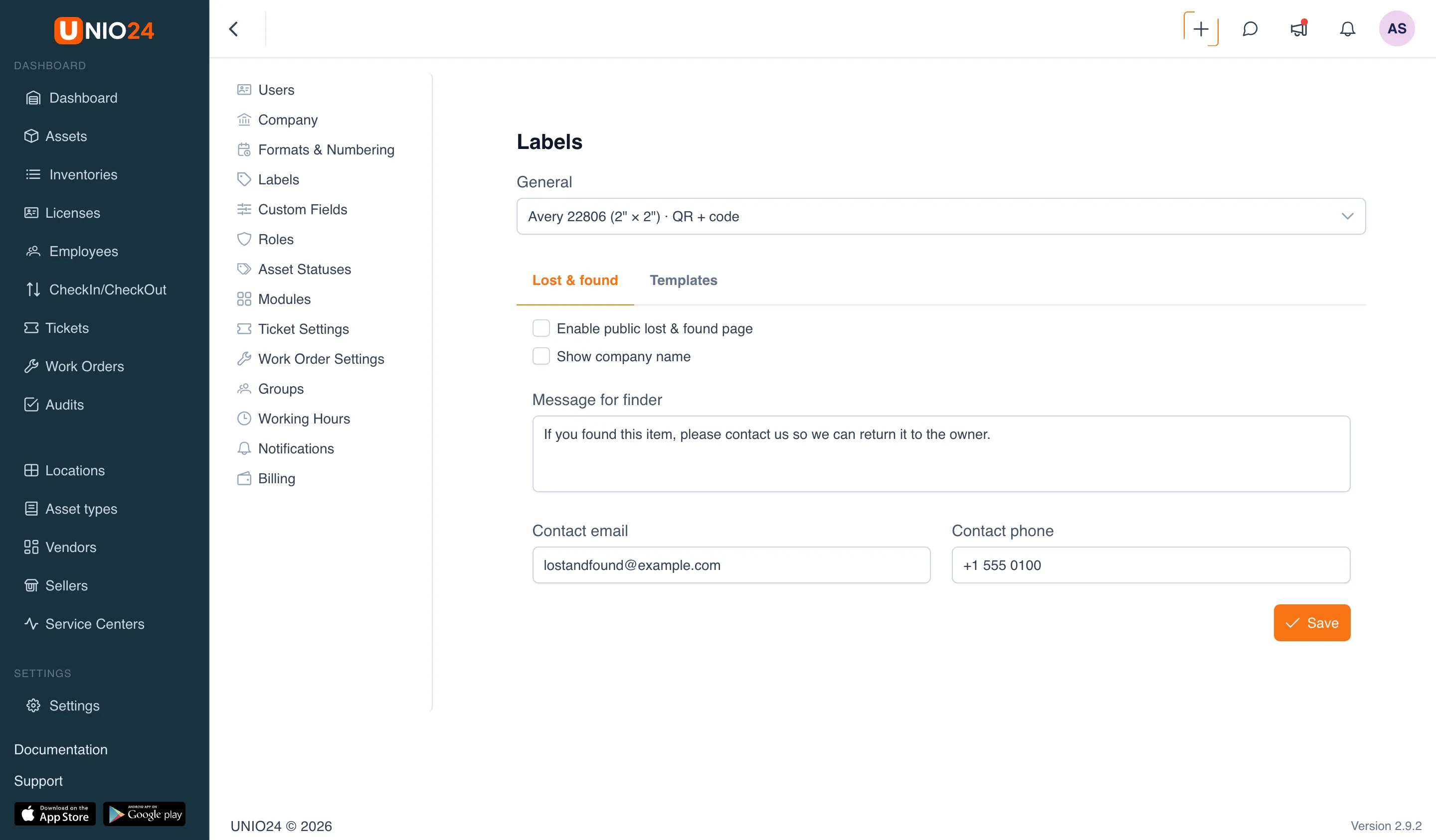 The "Lost & found" tab in label settings: "Enable public lost & found page" and "Show company name" turned on, and "Message for finder", "Contact email", and "Contact phone" filled in.