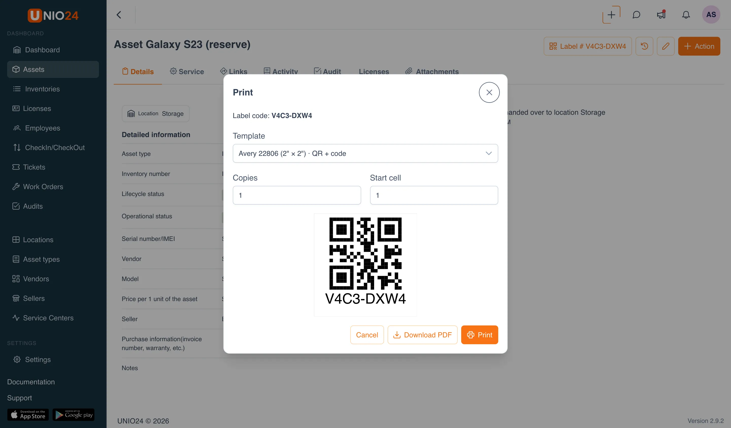 The single-label print dialog: the label code 1MFZ-QYDW, the "Template" field, the "Copies" and "Start cell" fields, the label preview with a QR code, and the "Cancel", "Download PDF", and "Print" buttons.