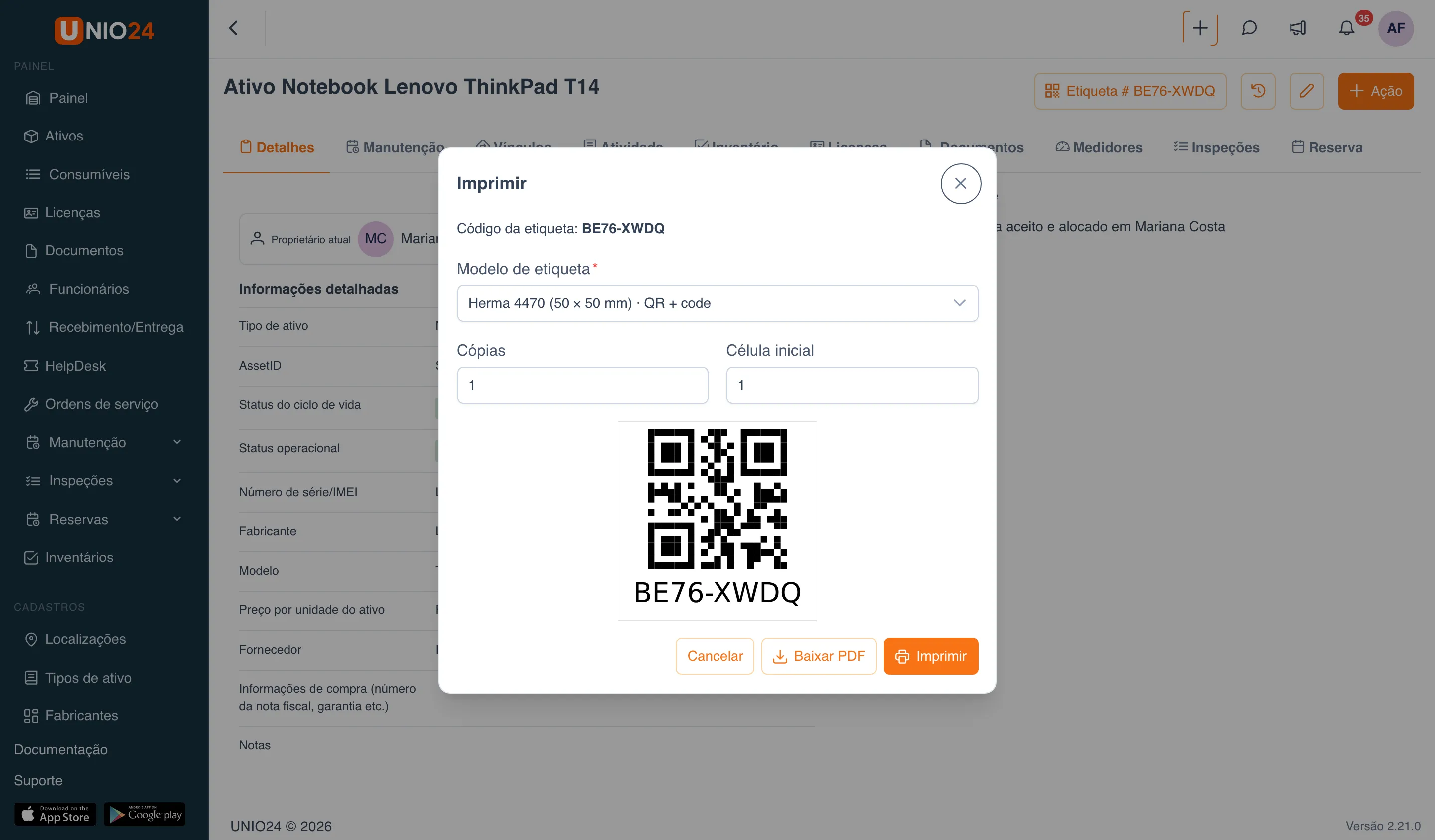 Janela de impressão de uma etiqueta: código da etiqueta BE76-XWDQ, campo “Modelo de etiqueta”, campos “Cópias” e “Célula inicial”, pré-visualização da etiqueta com o QR code e os botões “Cancelar”, “Baixar PDF” e “Imprimir”