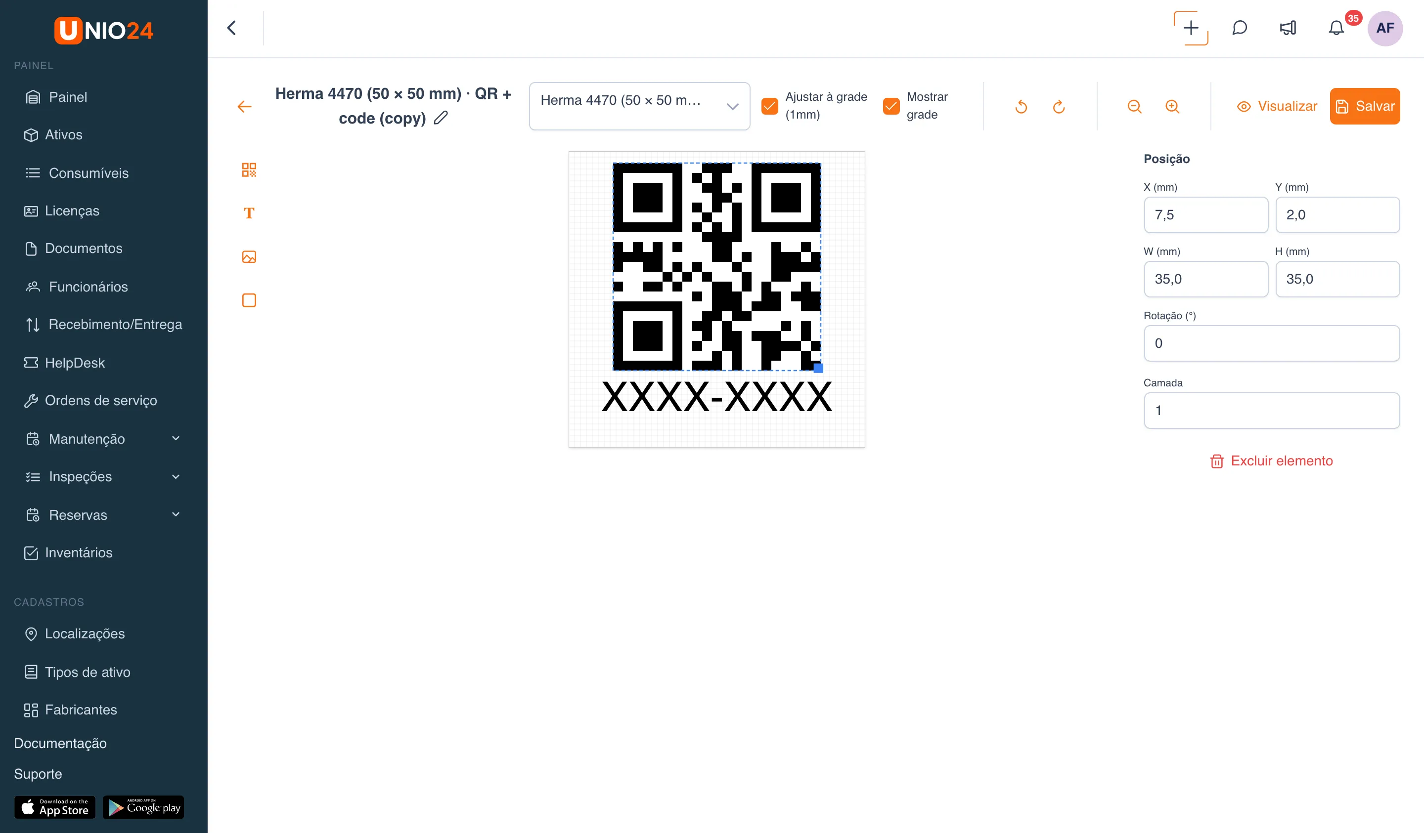 Editor de modelo de etiqueta: à esquerda a barra de ferramentas (Código QR, Texto, Logotipo, Forma); no centro a etiqueta com o QR code e o texto XXXX-XXXX; à direita o painel de propriedades do elemento selecionado — “Posição”, as medidas X/Y/W/H, “Rotação” e “Camada”
