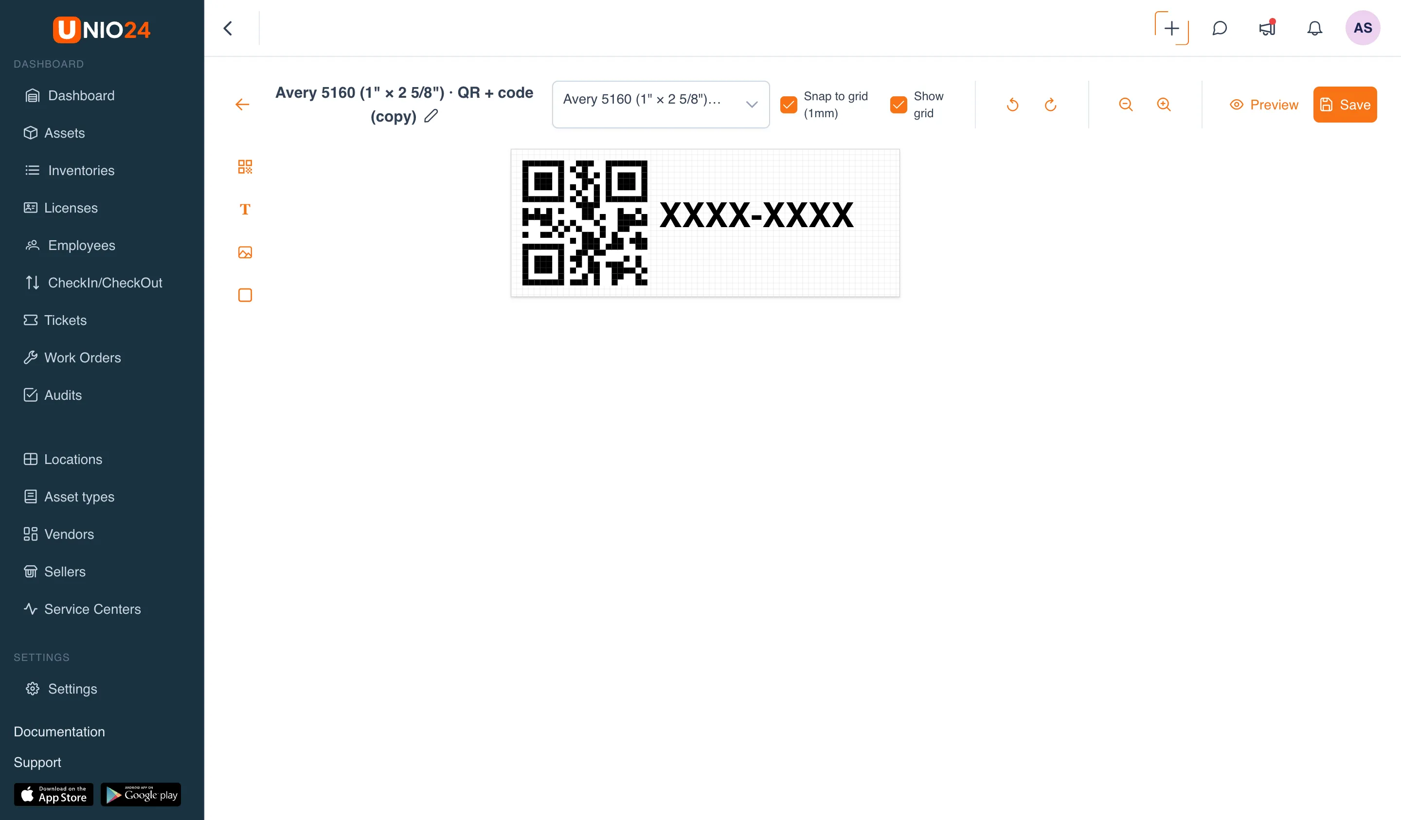 The Template designer: the toolbar on the left (QR code, Text, Logo, Shape), the label with a QR code and the text XXXX-XXXX in the center, and the properties panel of the selected element on the right — "Position", X/Y/W/H sizes, "Rotation", and "Layer".