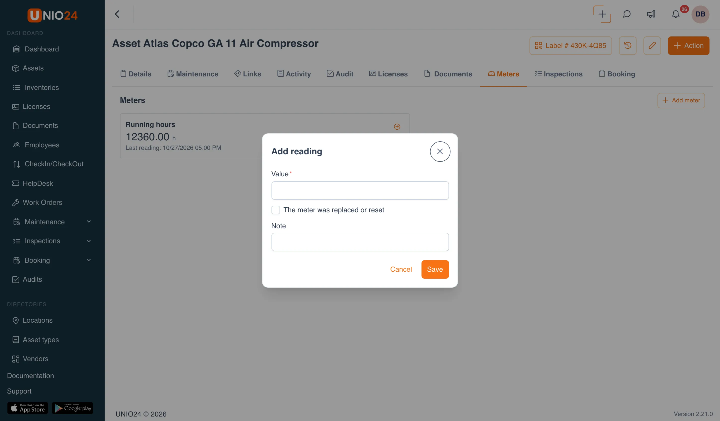 Add reading window: the Value field, The meter was replaced or reset checkbox, the Note field, and the Cancel and Save buttons