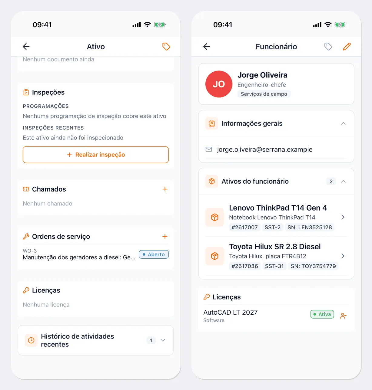 À esquerda, os blocos da ficha do ativo abaixo do botão “Ações”: “Inspeções” com programações, inspeções recentes e o botão “Realizar inspeção”, “Chamados”, “Ordens de serviço” com a ordem WO-3, “Licenças” e “Histórico de atividades recentes”. À direita, a ficha do funcionário “Jorge Oliveira”: cargo “Engenheiro-chefe”, departamento “Serviços de campo”, e-mail, o bloco “Ativos do funcionário” com um notebook e uma caminhonete e o bloco “Licenças”