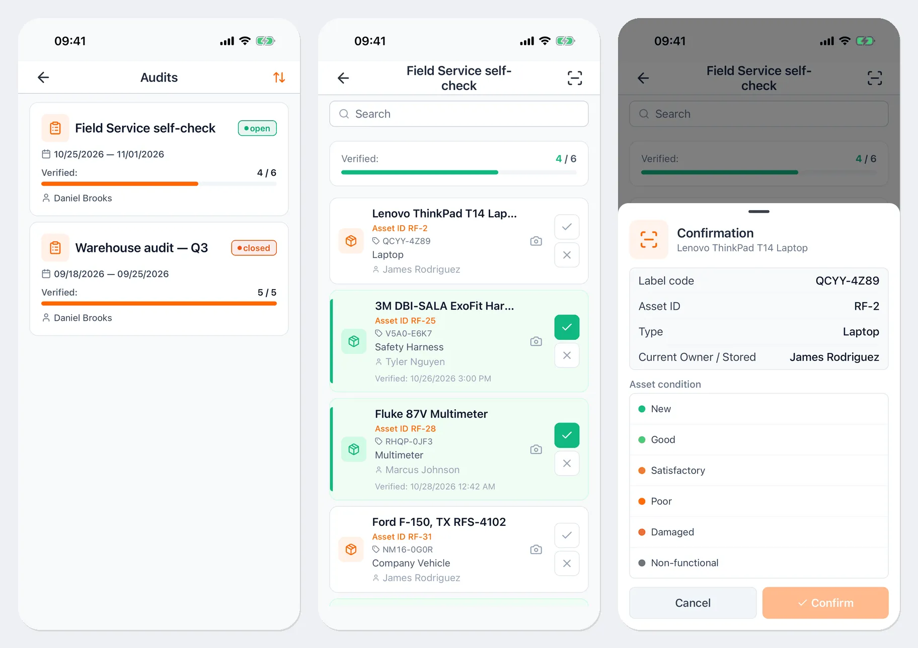 Three screens: the Audits list with the cards “Field Service self-check” (10/25/2026 — 11/01/2026, Verified 4 / 6) and “Warehouse audit — Q3” (5 / 5); the “Field Service self-check” audit screen with the Verified 4 / 6 counter and a list of assets with ✓ and ✗ buttons and a camera icon; the Confirmation window for a Lenovo laptop with the label code, asset ID, type, holder, the Asset condition list, and the Cancel and Confirm buttons