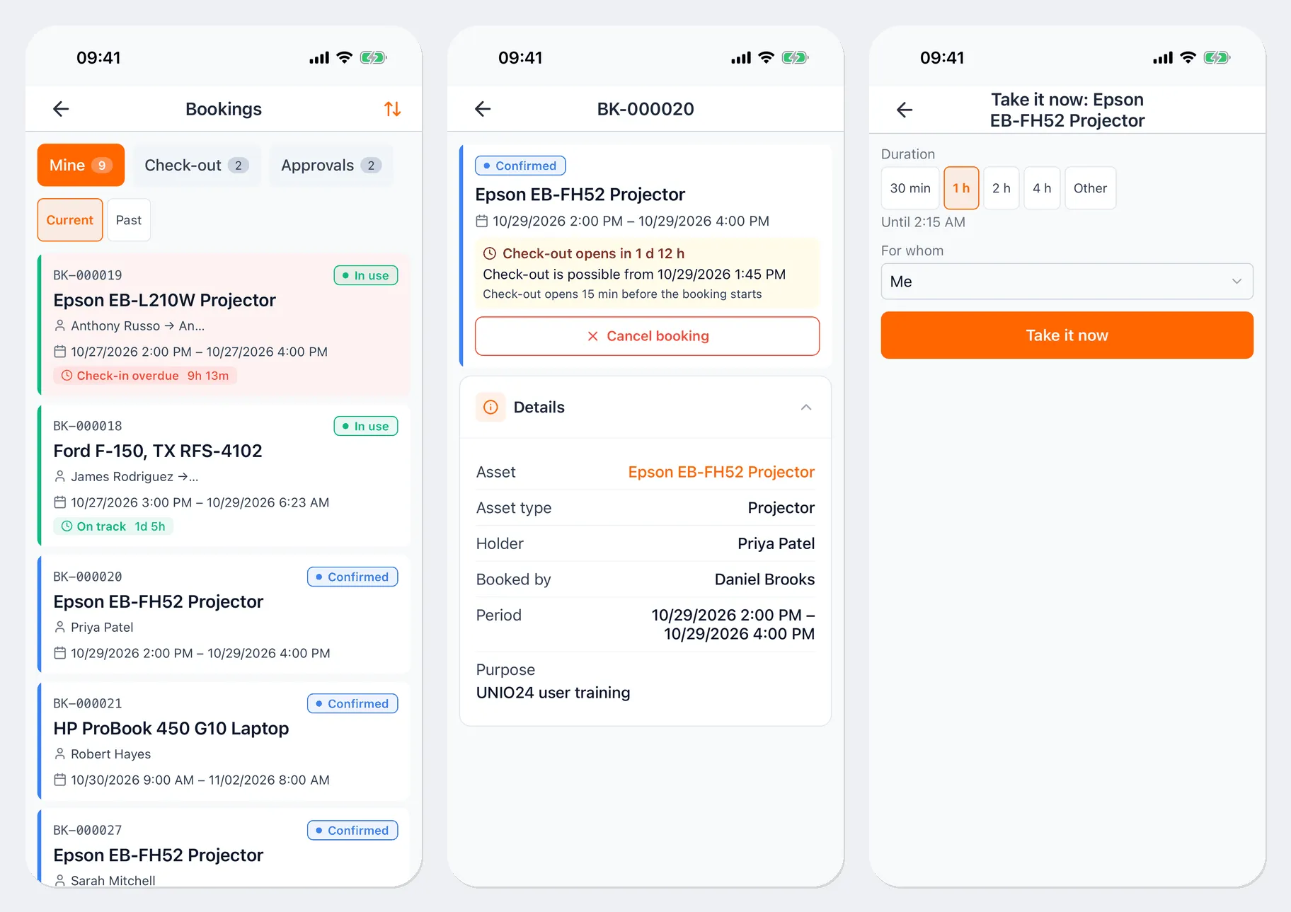 Three screens: Bookings on the Mine tab with the Current and Past sub-tabs — bookings of a projector (Check-in overdue), a pickup truck (On track), and confirmed bookings of a projector and a laptop; the BK-000020 booking card — Confirmed, “Check-out opens in 1 d 12 h”, “Check-out is possible from 10/29/2026 1 PM”, the Cancel booking button, and the Details block with the asset, asset type, holder, who booked it, period, and purpose; the “Take it now: Epson EB-FH52 Projector” screen — Duration 30 min / 1 h / 2 h / 4 h / Other, For whom set to Me, and the Take it now button