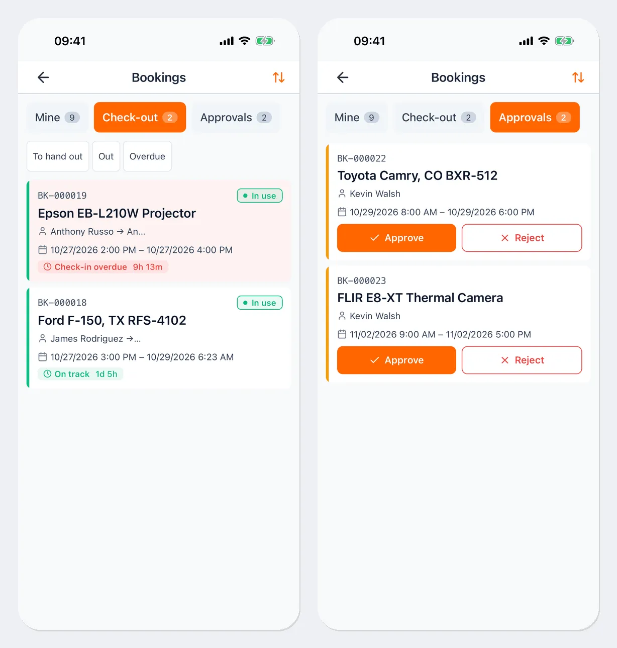 Left: Bookings on the Check-out tab with the To hand out, Out, and Overdue filters: booking BK-000019 of a projector marked Check-in overdue and booking BK-000018 of a pickup truck On track. Right: the Approvals tab: bookings BK-000022 and BK-000023 with the Approve and Reject buttons