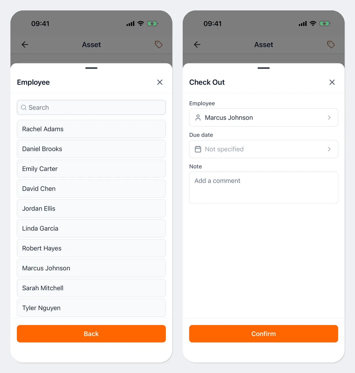 Left: the Employee list with search over the asset card. Right: the Check Out window: Employee set to Marcus Johnson, Due date “Not specified”, the Note field, and the Confirm button