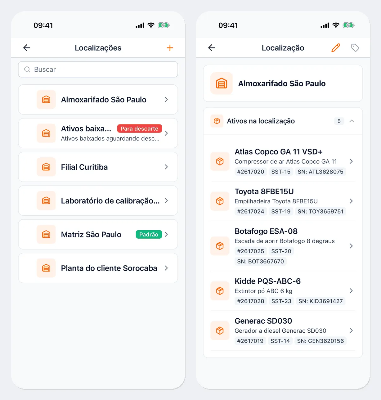 À esquerda, a lista “Localizações”: “Almoxarifado São Paulo”, “Ativos baixados” com a marca “Para descarte”, “Filial Curitiba”, “Laboratório de calibração São Paulo”, “Matriz São Paulo” com a marca “Padrão” e “Planta do cliente Sorocaba”. À direita, a ficha “Almoxarifado São Paulo” com o bloco “Ativos na localização”: compressor, empilhadeira, escada, extintor e gerador