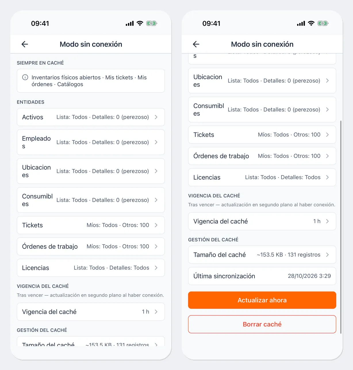 Pantalla Modo sin conexión: el bloque Siempre en caché con Inventarios físicos abiertos · Mis tickets · Mis órdenes · Catálogos; el bloque Entidades con la configuración de activos, empleados, ubicaciones, consumibles, tickets, órdenes de trabajo y licencias; el bloque Vigencia del caché; el bloque Gestión del caché con el tamaño del caché, la hora de la última sincronización y los botones Actualizar ahora y Borrar caché