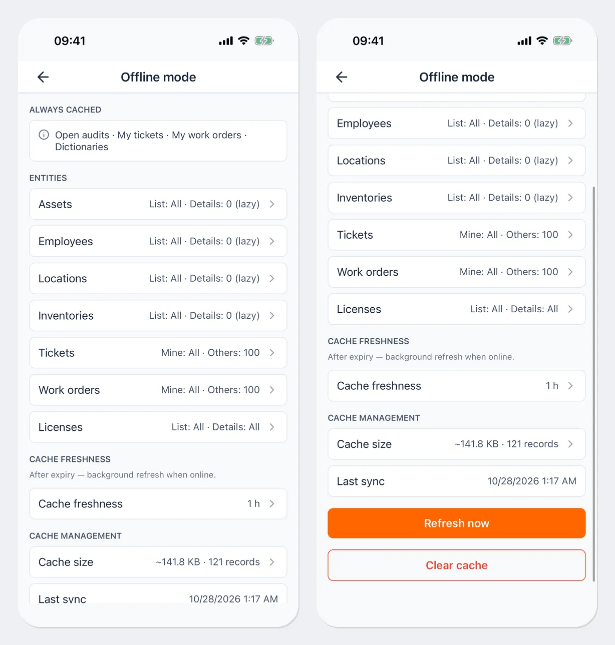 The Offline mode screen: the Always cached block — “Open audits · My tickets · My work orders · Dictionaries”; the Entities block with settings for Assets, Employees, Locations, Inventories, Tickets, Work orders, and Licenses; the Cache freshness block; the Cache management block with the cache size, the time of the last sync, and the Refresh now and Clear cache buttons