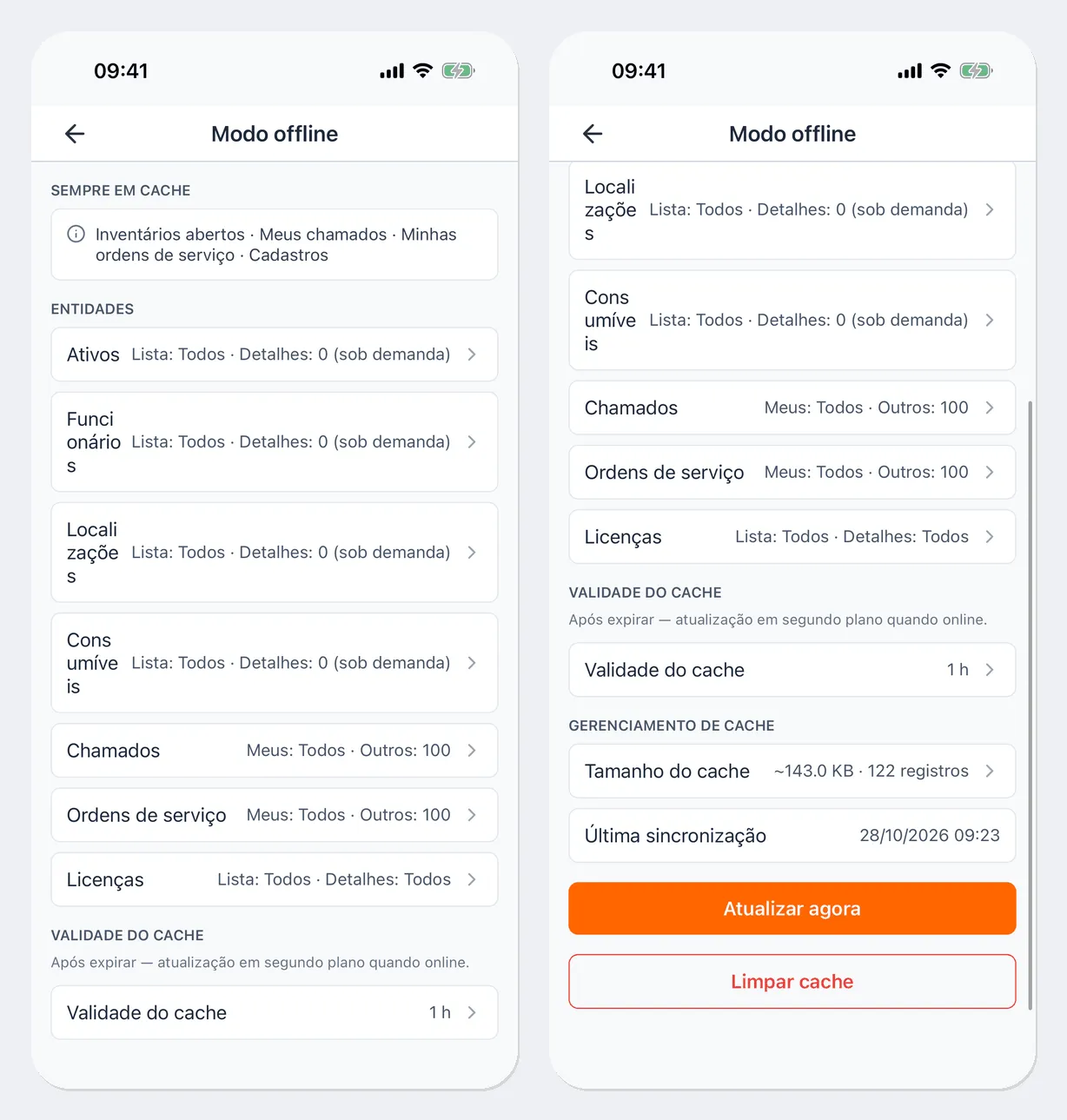 A tela “Modo offline”: o bloco “Sempre em cache” com “Inventários abertos · Meus chamados · Minhas ordens de serviço · Cadastros”, o bloco “Entidades” com as configurações de ativos, funcionários, localizações, consumíveis, chamados, ordens de serviço e licenças, o bloco “Validade do cache” e o bloco “Gerenciamento de cache” com o tamanho do cache, a hora da última sincronização e os botões “Atualizar agora” e “Limpar cache”