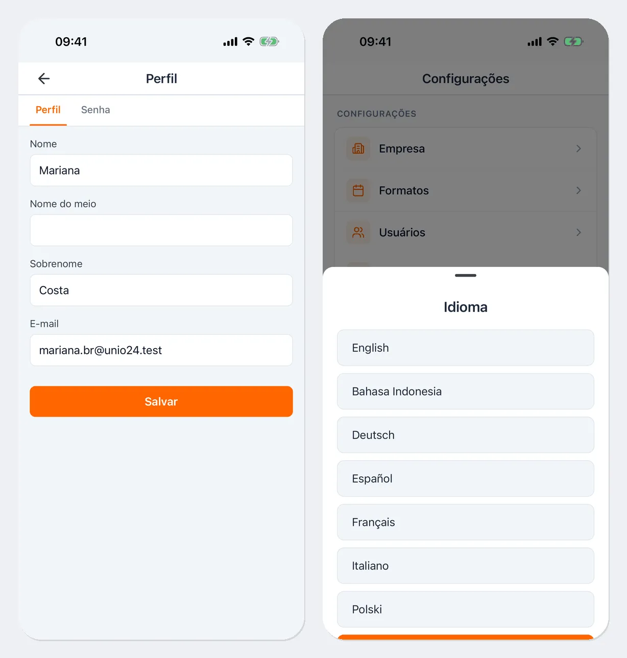 À esquerda, a tela “Perfil” com as abas “Perfil” e “Senha”, os campos “Nome”, “Nome do meio”, “Sobrenome” e “E-mail” e o botão “Salvar”. À direita, a lista “Idioma” aberta sobre o menu: English, Bahasa Indonesia, Deutsch, Español, Français, Italiano, Polski