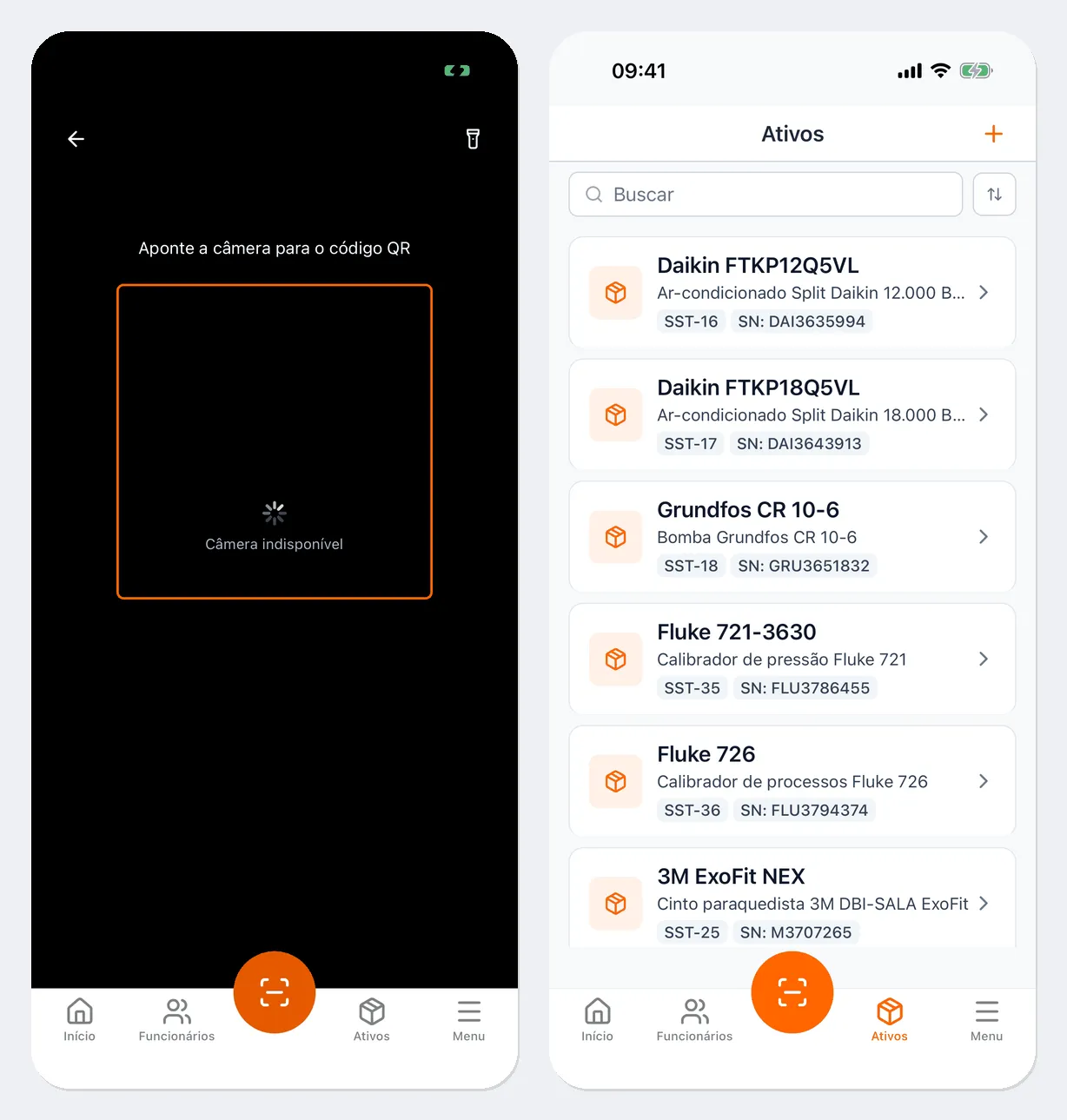 À esquerda, a tela do scanner: a dica “Aponte a câmera para o código QR”, a moldura para o código e os botões de voltar e da lanterna. À direita, a aba “Ativos”: a busca, o botão de ordenação e a lista de ativos com nome, modelo, ID do ativo SST e número de série