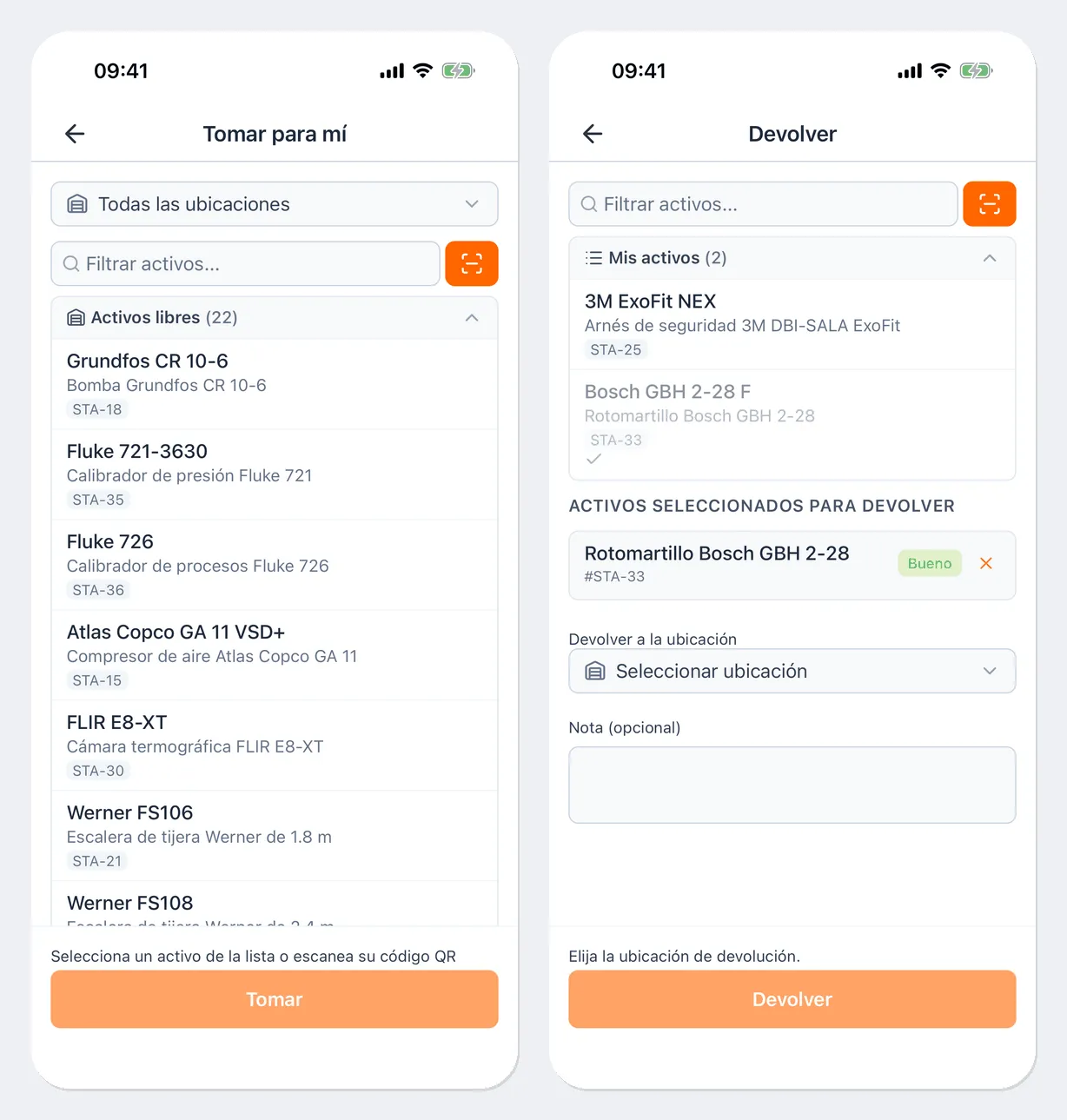 A la izquierda, la pantalla Tomar para mí: el filtro Todas las ubicaciones, el campo Filtrar activos… con el botón del escáner, la lista Activos libres (22) y el botón Tomar. A la derecha, la pantalla Devolver: la lista Mis activos (2), en el bloque Activos seleccionados para devolver el rotomartillo Bosch con la condición Bueno, los campos Devolver a la ubicación y Nota (opcional), la indicación Elija la ubicación de devolución. y el botón Devolver