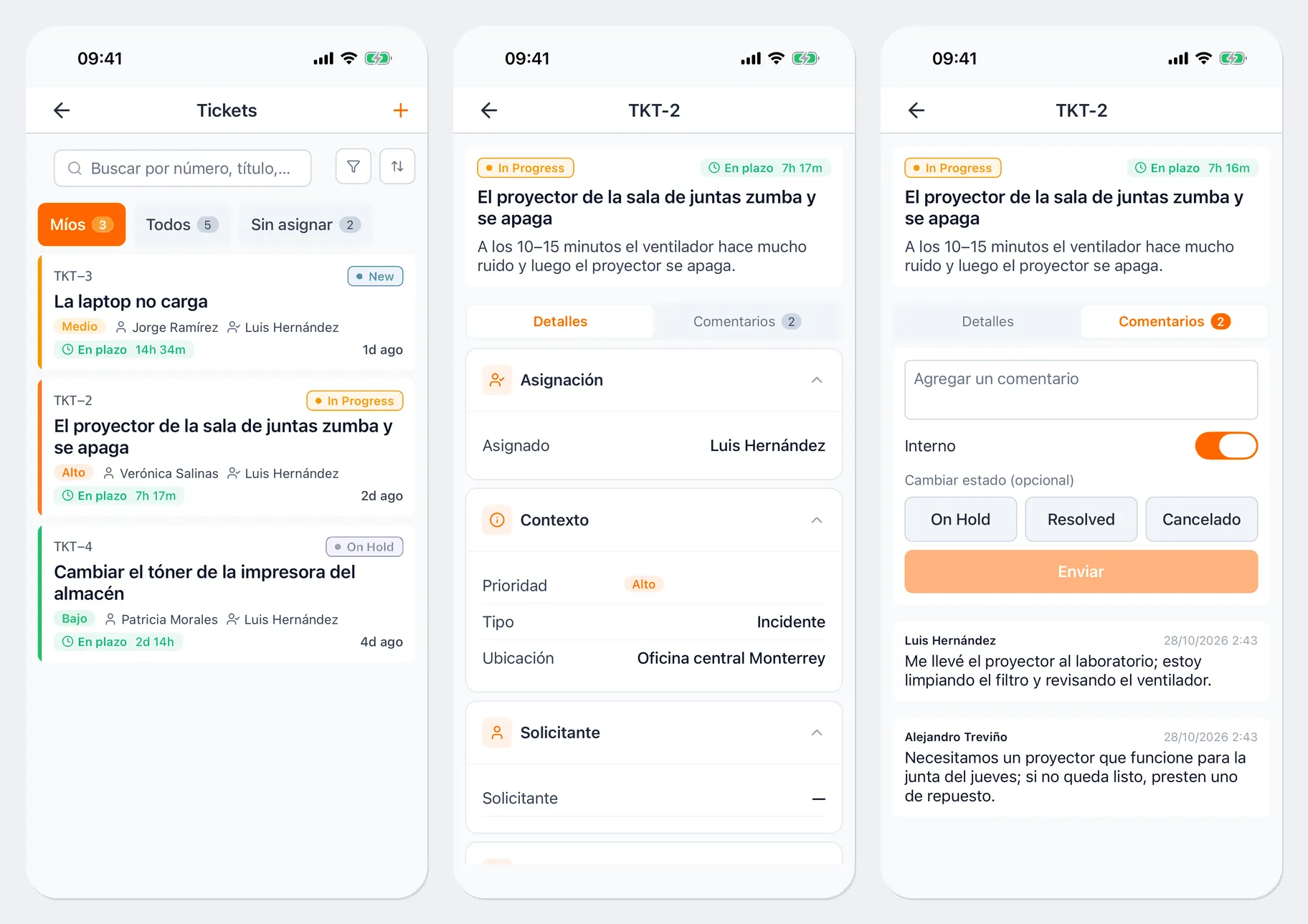 Tres pantallas: la lista Tickets en la pestaña Míos con los tickets TKT-3 La laptop no carga, TKT-2 El proyector de la sala de juntas zumba y se apaga y TKT-4 Cambiar el tóner de la impresora del almacén, cada uno con estado, prioridad, solicitante, responsable y tiempo restante; la ficha de TKT-2 con las pestañas Detalles y Comentarios y los bloques Asignación, Contexto y Solicitante; la pestaña Comentarios con el campo Agregar un comentario, el interruptor Interno, los botones de cambio de estado, el botón Enviar y dos comentarios abajo