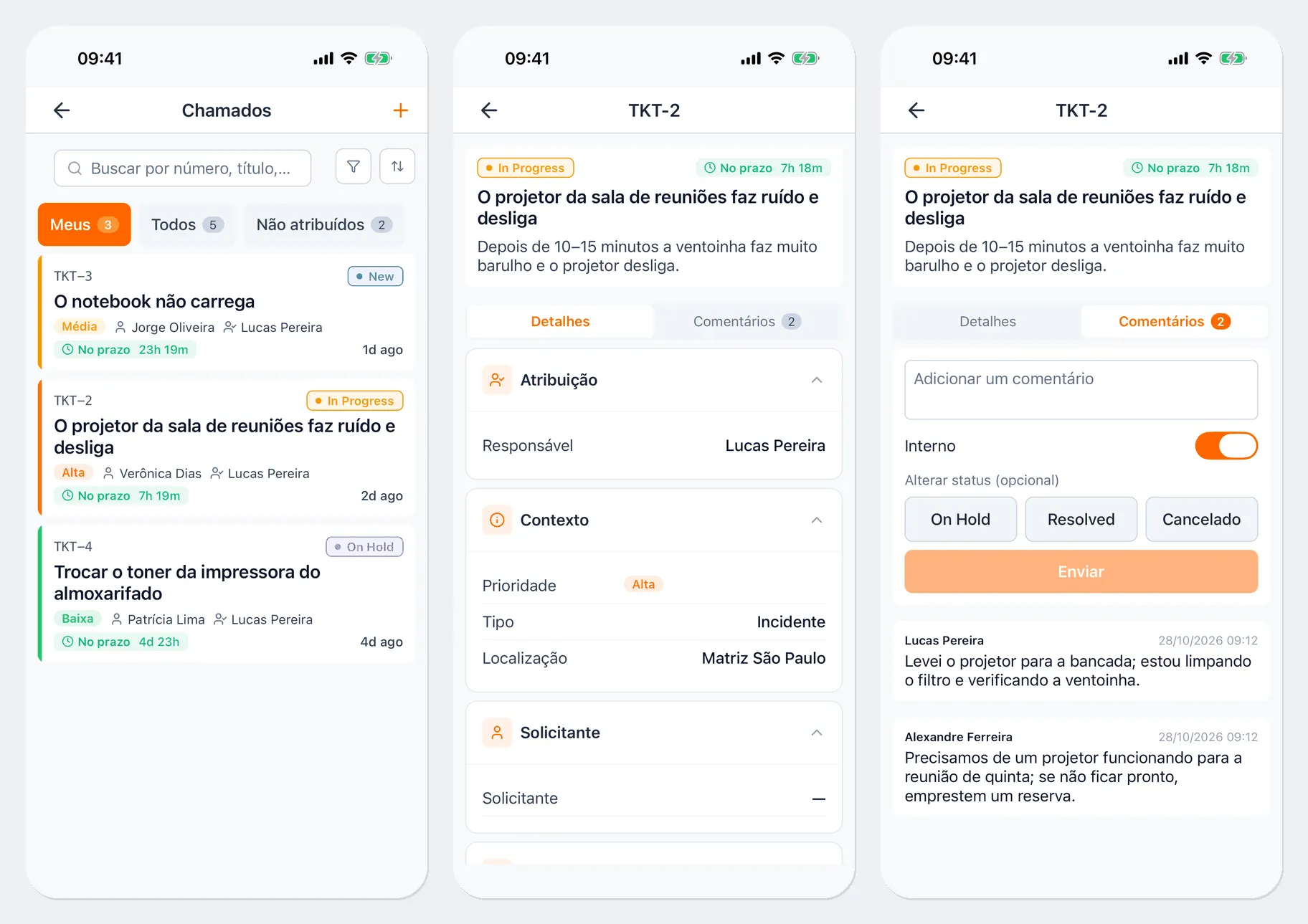 Três telas: a lista “Chamados” na aba “Meus”, com os chamados TKT-3 “O notebook não carrega”, TKT-2 “O projetor da sala de reuniões faz ruído e desliga” e TKT-4 “Trocar o toner da impressora do almoxarifado”, cada um com status, prioridade, solicitante, responsável e tempo restante; a ficha do TKT-2 com as abas “Detalhes” e “Comentários” e os blocos “Atribuição”, “Contexto” e “Solicitante”; a aba “Comentários” com o campo “Adicionar um comentário”, a chave “Interno”, os botões de mudança de status, o botão “Enviar” e, abaixo, dois comentários