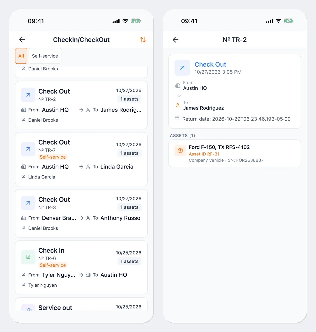 Left: the CheckIn/CheckOut list with the All and Self-service filters: Check Out documents № TR-2, TR-7 (with the Self-service badge), and TR-3, Check In № TR-6 (Self-service), and Service out № TR-1 — from, to, and who created each. Right: document № TR-2: Check Out from Austin HQ to James Rodriguez, the return date, and the list of assets