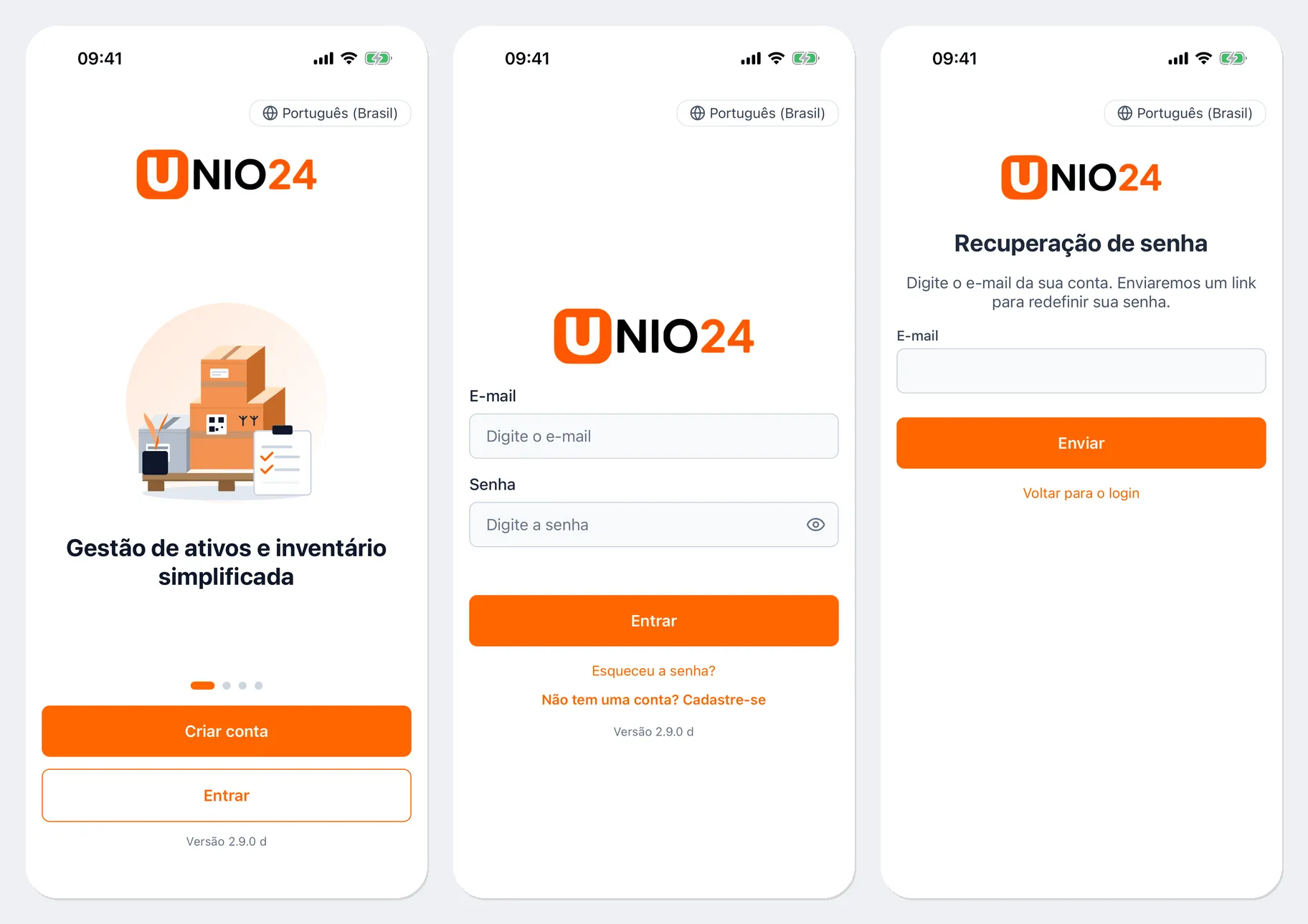 Três telas: a tela inicial com o logotipo, o texto “Gestão de ativos e inventário simplificada” e os botões “Criar conta” e “Entrar”; a tela de login com os campos “E-mail” e “Senha”, o botão “Entrar” e os links “Esqueceu a senha?” e “Não tem uma conta? Cadastre-se”; a tela “Recuperação de senha” com o campo “E-mail” e o botão “Enviar”