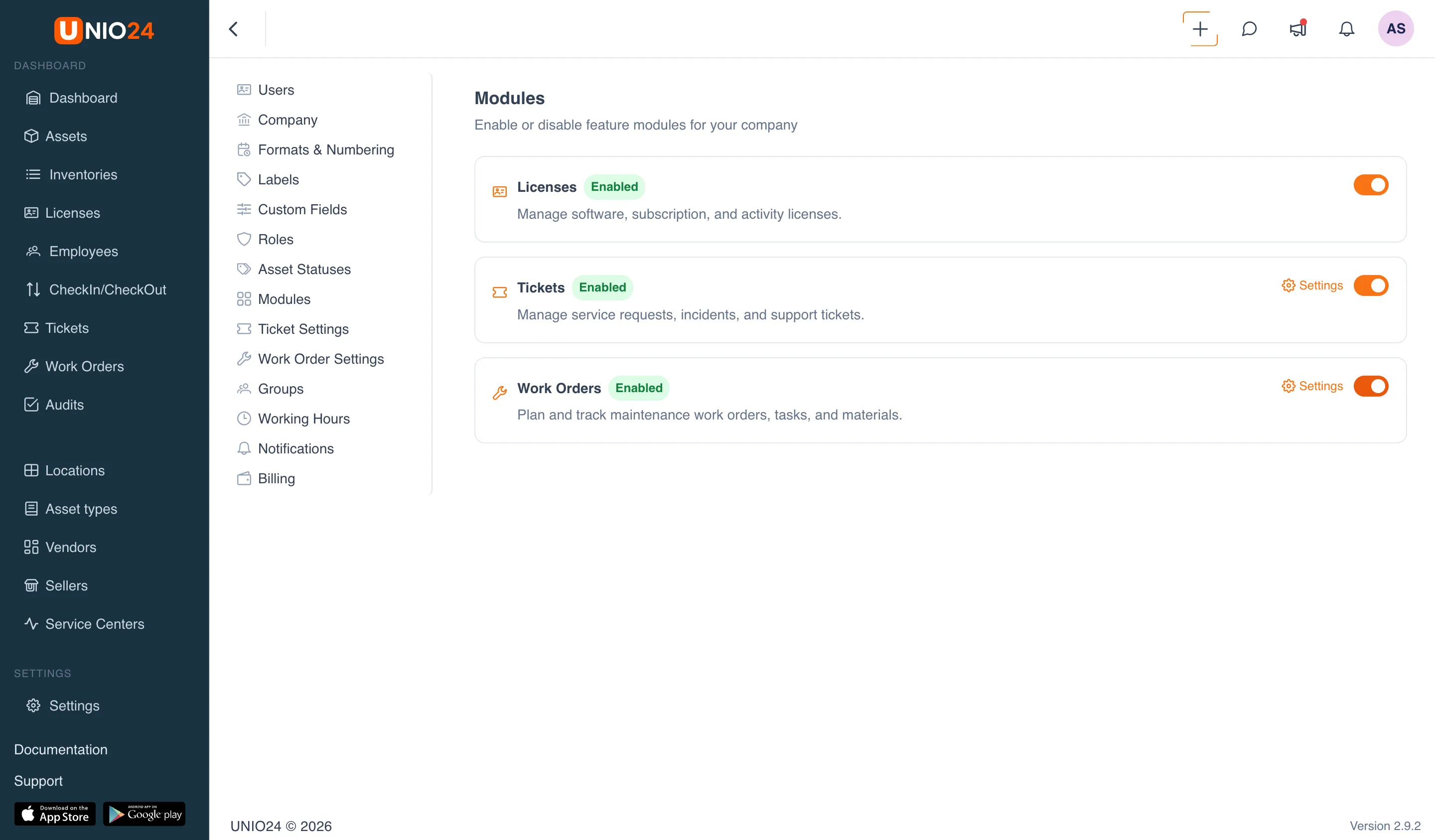The "Modules" page: module cards "Licenses", "Tickets", and "Work Orders" with an icon, name, an "Enabled" badge, a description, and a switch on the right; "Tickets" and "Work Orders" have a "Settings" link next to them