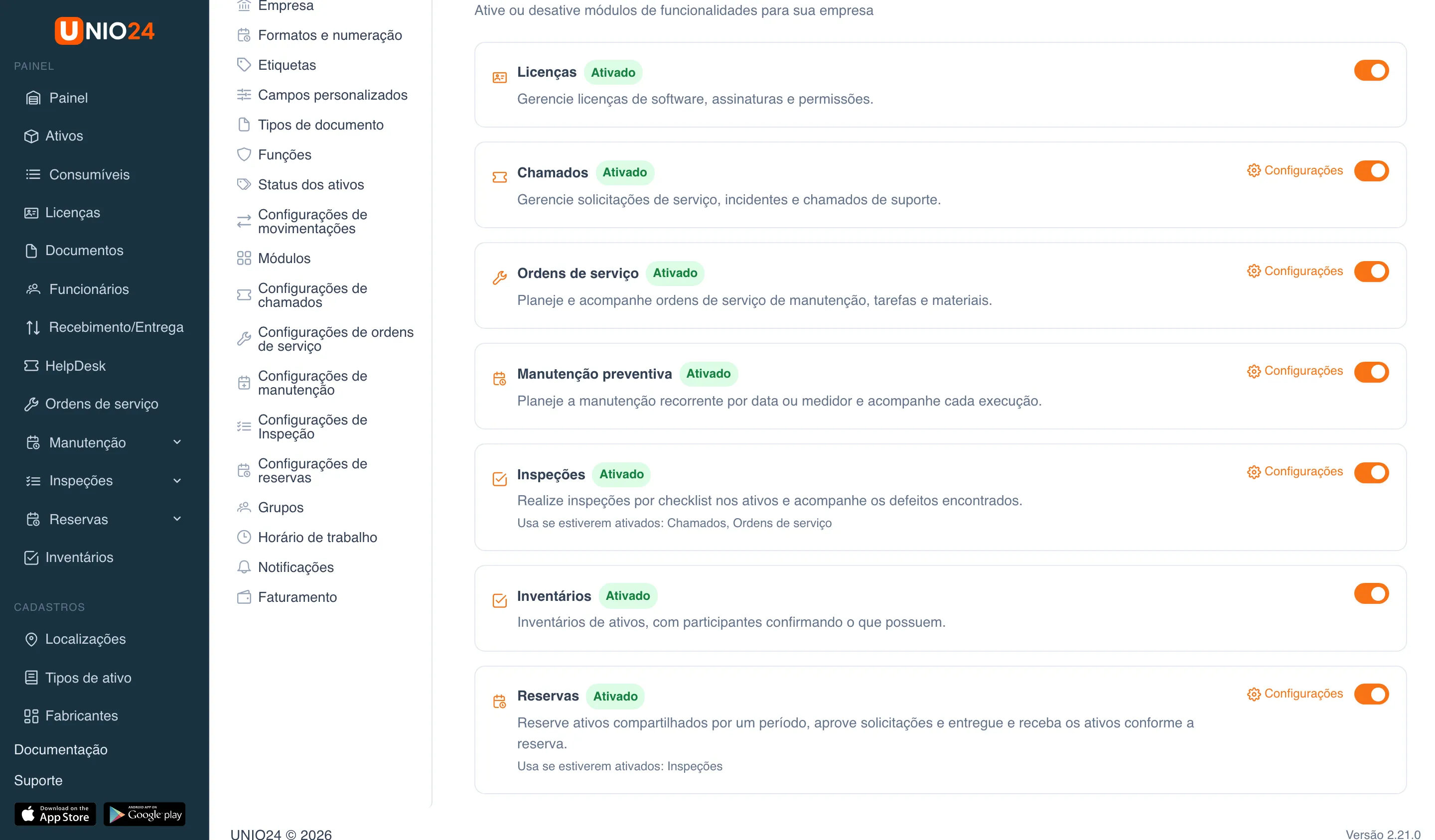 Página “Módulos”: cards “Licenças”, “Chamados”, “Ordens de serviço”, “Manutenção preventiva”, “Inspeções”, “Inventários” e “Reservas” com o selo “Ativado”, a descrição e a chave à direita; na maioria, o link “Configurações”; em “Inspeções”, a linha “Usa se estiverem ativados: Chamados, Ordens de serviço”, e em “Reservas” — “Usa se estiverem ativados: Inspeções”