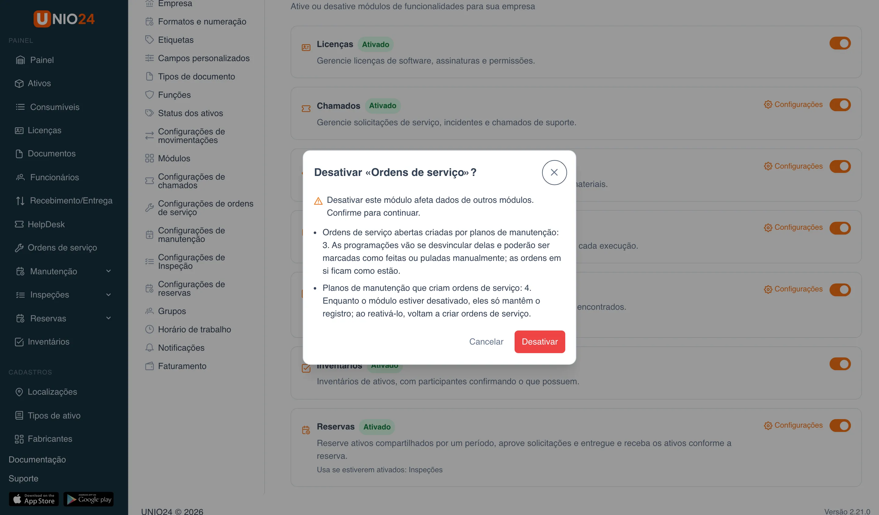 Janela “Desativar «Ordens de serviço»?”: o aviso “Desativar este módulo afeta dados de outros módulos. Confirme para continuar.” e a lista “Ordens de serviço abertas criadas por planos de manutenção: 3…”, “Planos de manutenção que criam ordens de serviço: 4…”, botões “Cancelar” e “Desativar”