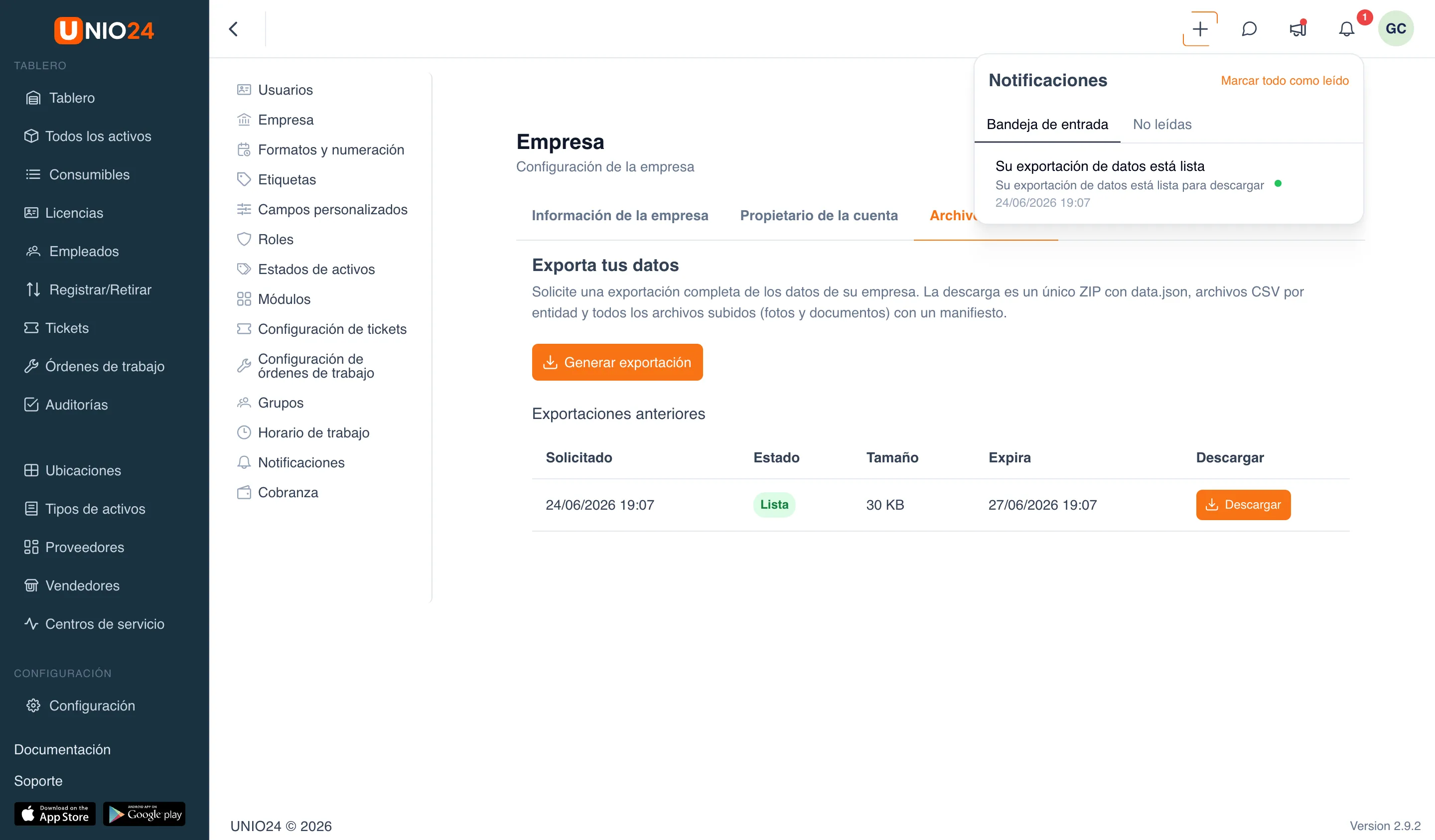 panel de notificaciones abierto desde la campana del encabezado: título «Notificaciones», pestañas «Bandeja de entrada» y «No leídas», la notificación «Tu exportación de datos está lista» con un indicador de no leída y el contador sobre el ícono de la campana