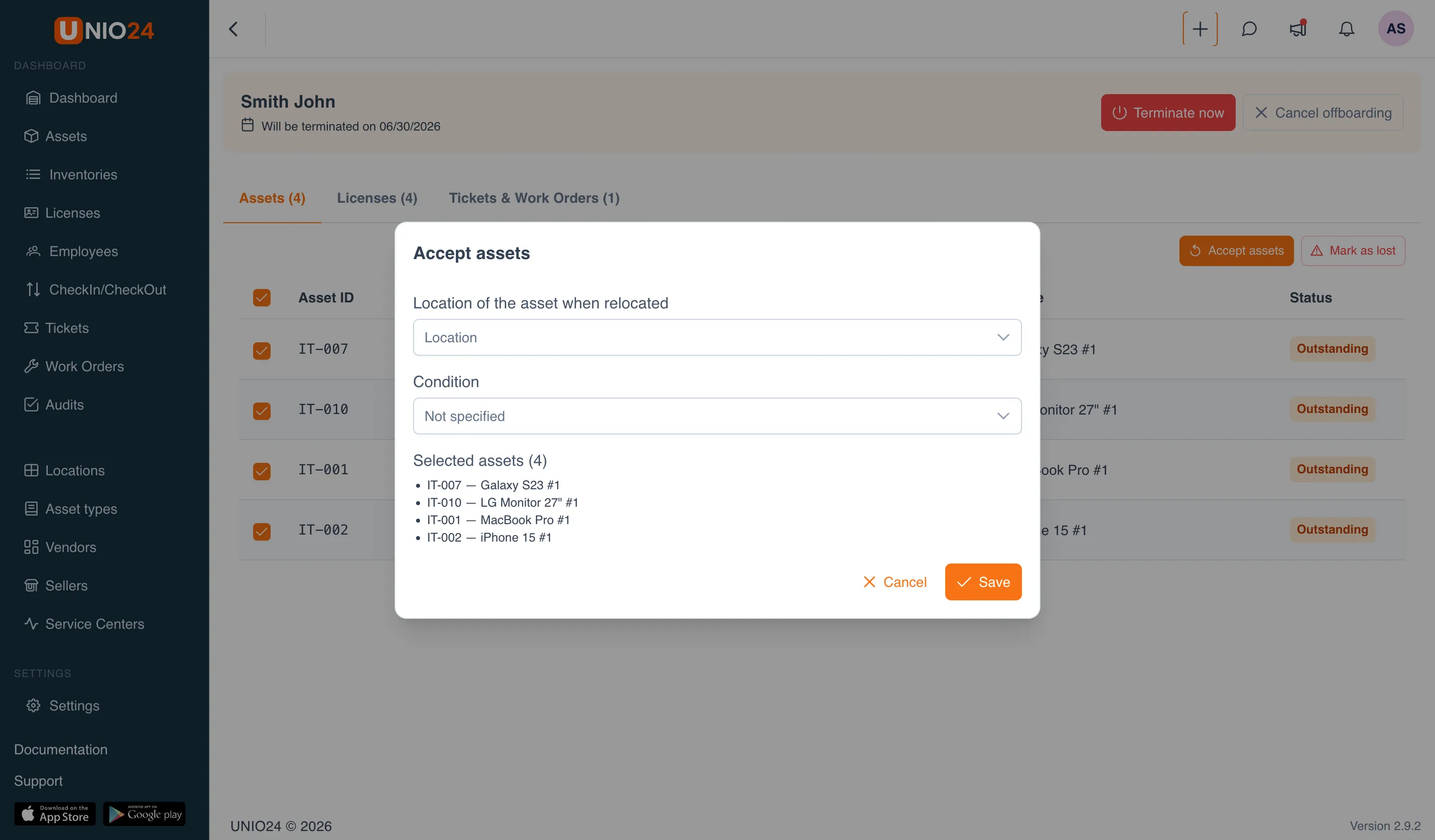 The "Assets" tab on the offboarding screen: a table of assets with checked rows and an "Accept assets" button, over it the "Accept assets" window with "Location" and "Condition" fields and a "Selected assets (4)" list