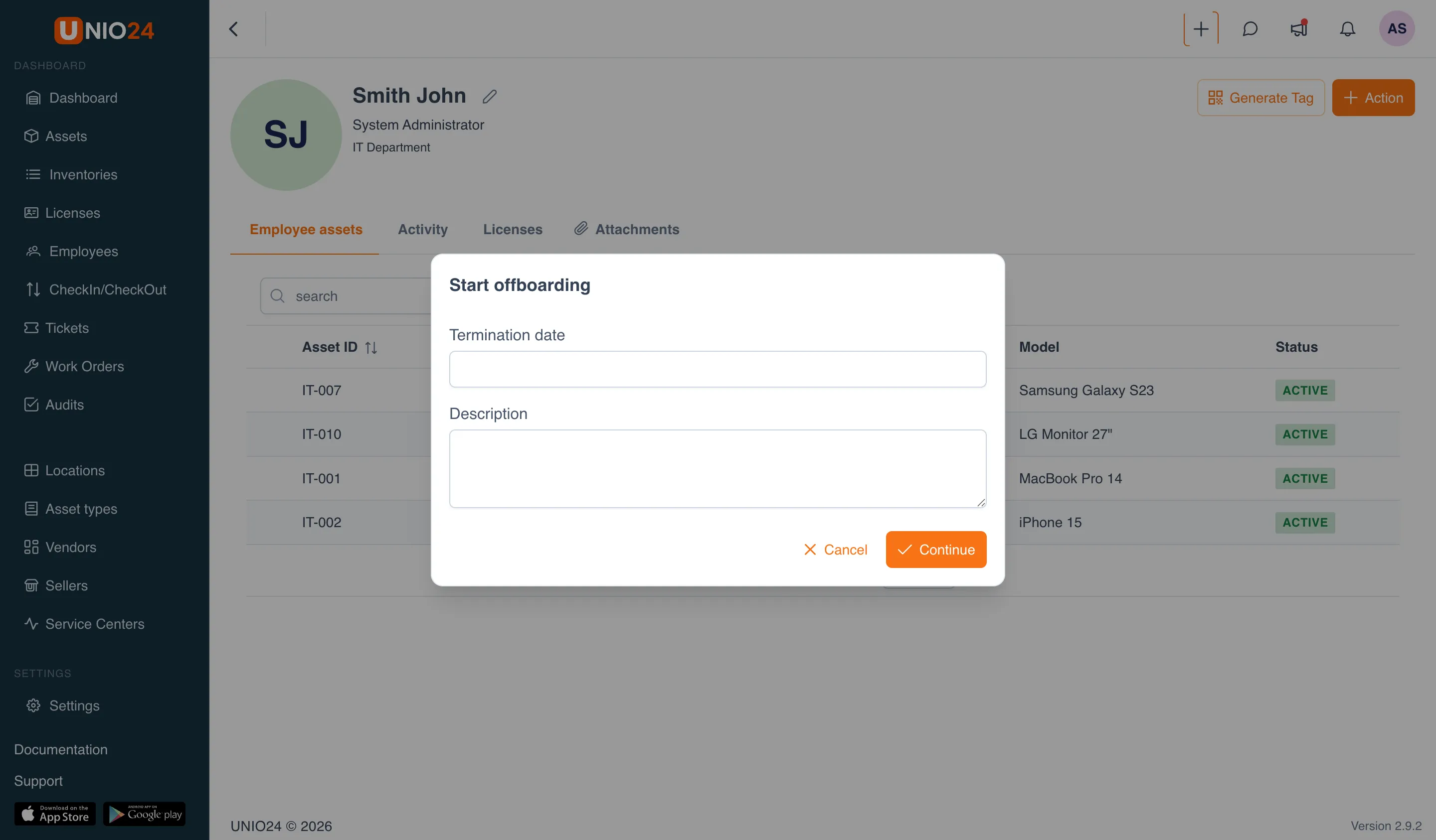 The "Start offboarding" window with the "Termination date" and "Description" fields and the "Cancel" and "Continue" buttons