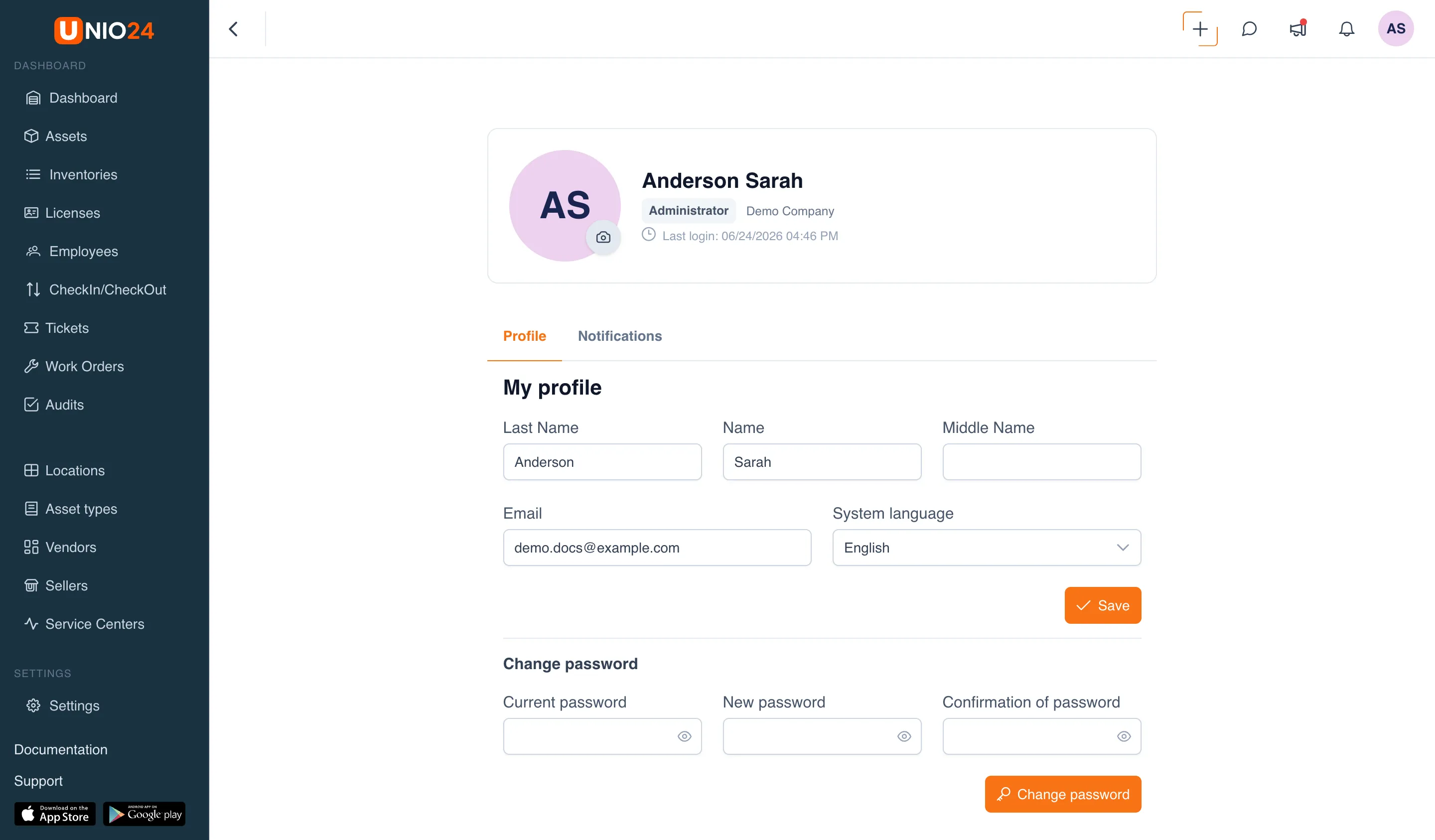 The profile page, the "My profile" block: a card with avatar, name, role, and company, below the "Last Name", "First Name", "Middle Name", "Email", and "System language" fields with a "Save" button