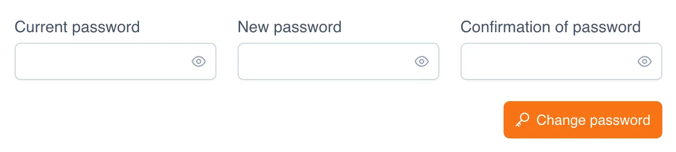 The "Change password" block on the profile page: the "Current password", "New password", and "Confirmation of password" fields with a "Change password" button